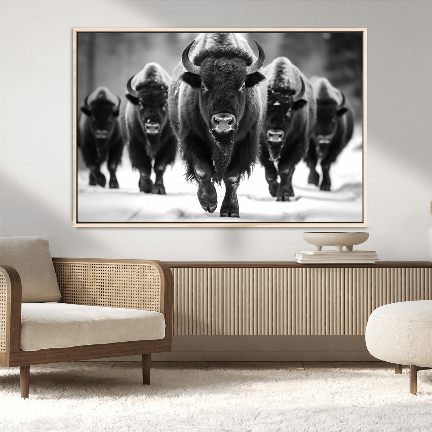 MGV-FC-36X24 - American Bison Art | Buffalo Herd Wall Art Canvas Print, BW American Bison Herd Wall Art Canvas Print