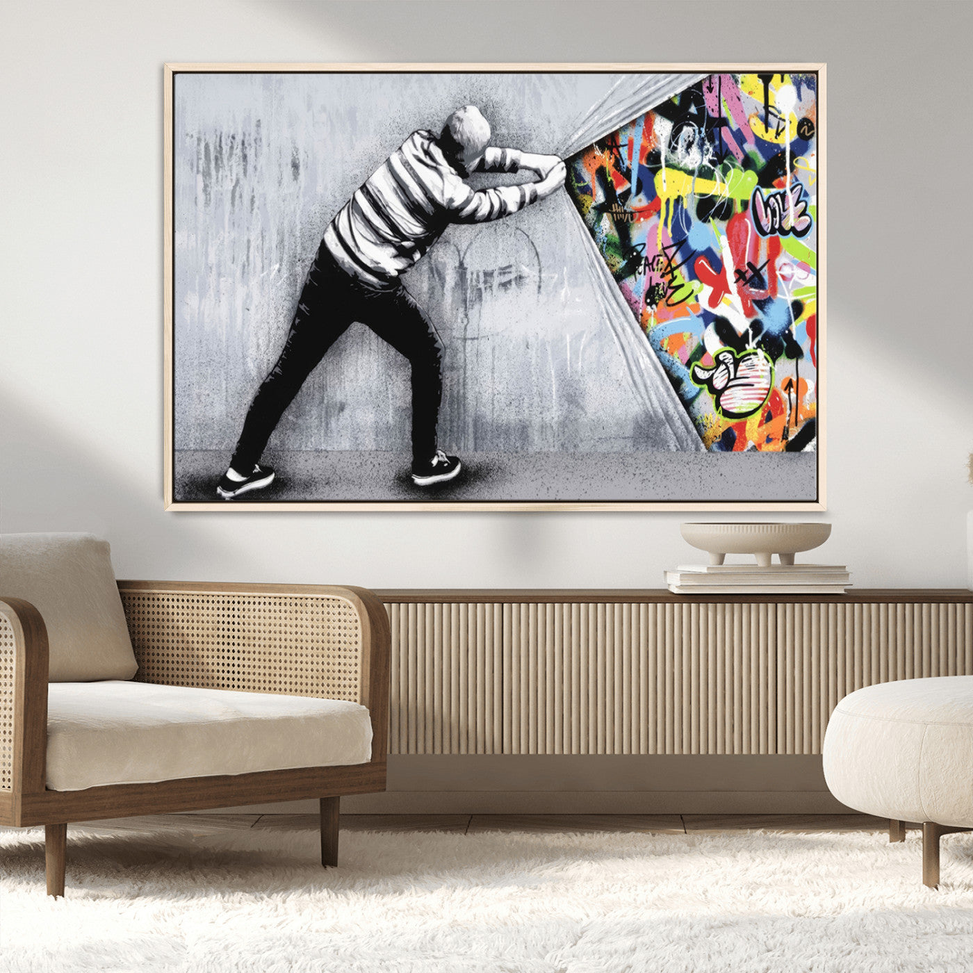 MGV-FC-36X24 - Banksy Art Behind the Curtain Street Wall Art Canvas Print | 3-Panel Urban Graffiti-Inspired Wall Art for Living Room or Office