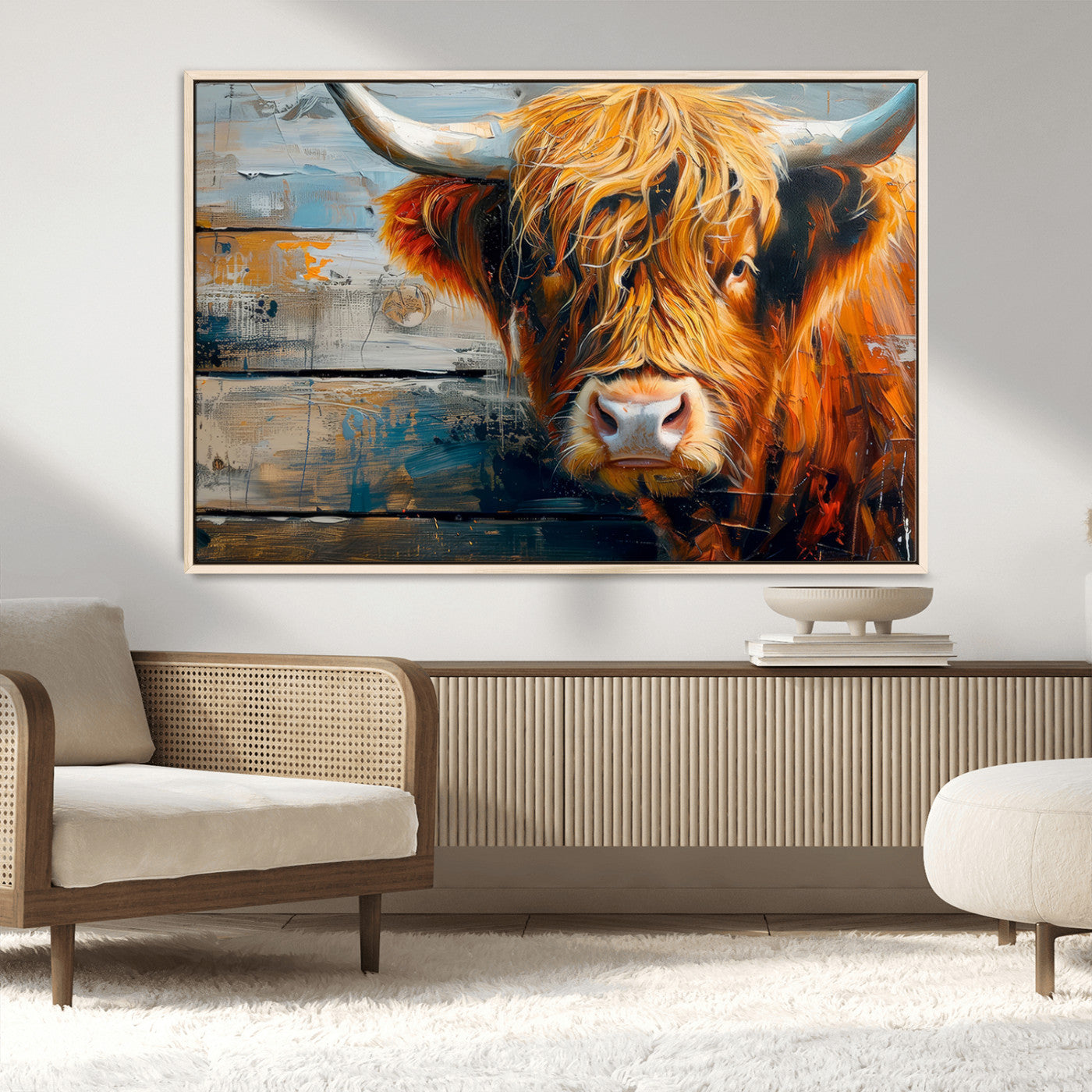 -Highland Cow Abstract Canvas Wall Art – Bold Farmhouse Rustic Decor – Ready to Hang