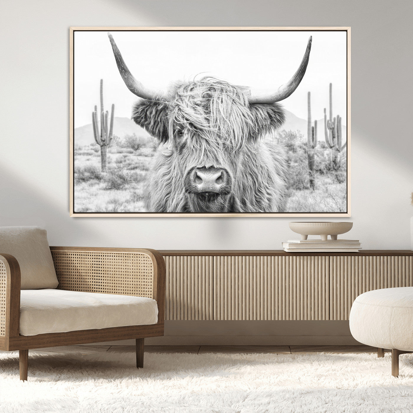 -Rustic Charm | Cow Longhorn Black White Bighorn Wall Art Canvas Print | Farmhouse Wall Art