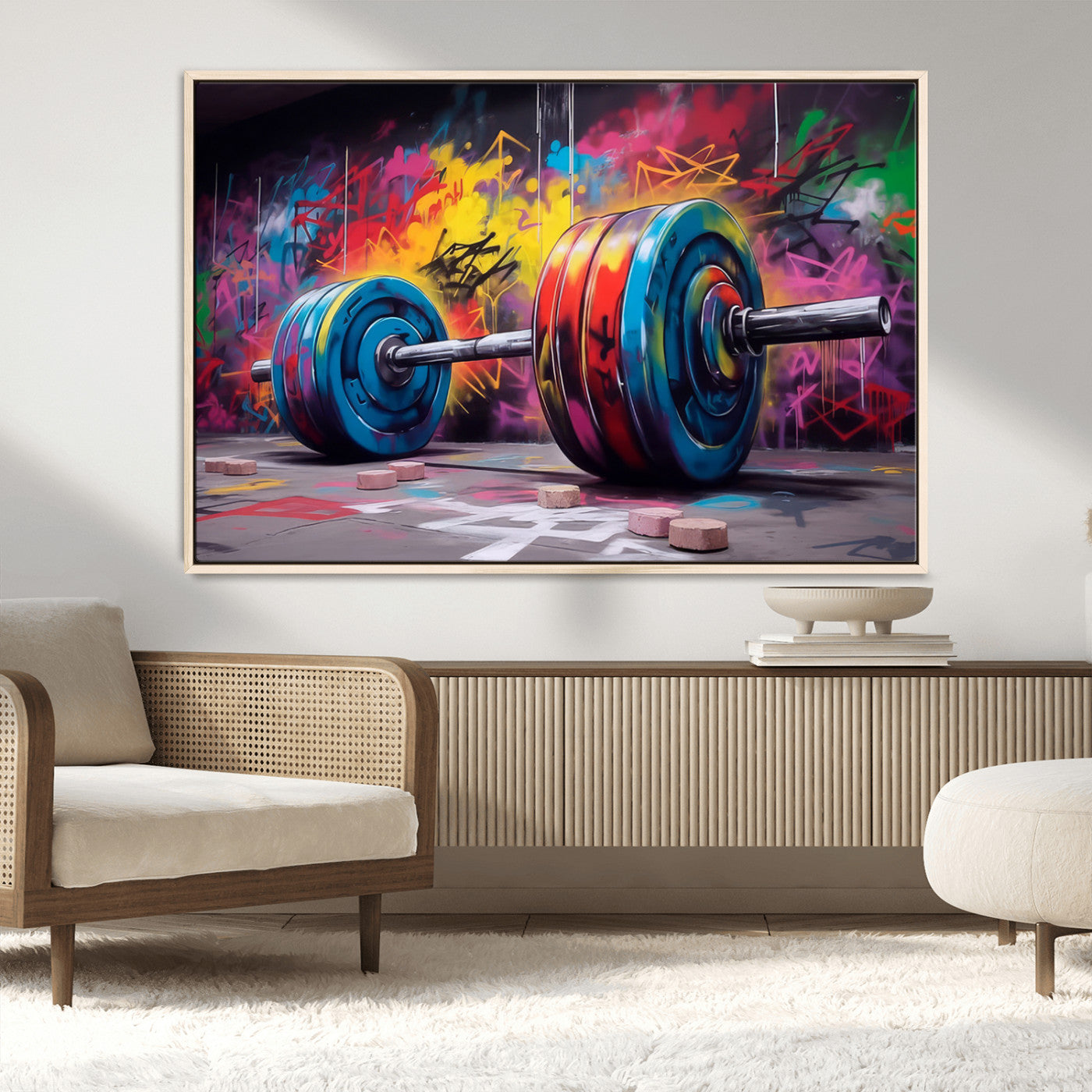 MGV-FC-36X24 - Abstract Graffiti Barbell Canvas Wall Art – Urban Fitness Meets Bold Street Art Print - Gym Wall Art Print