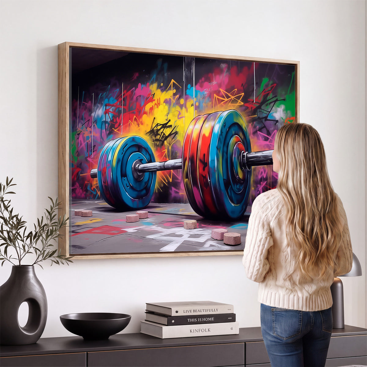 13549-MGV-CV-36X24 - Abstract Graffiti Barbell Canvas Wall Art | Urban Fitness Meets Bold Street Art
