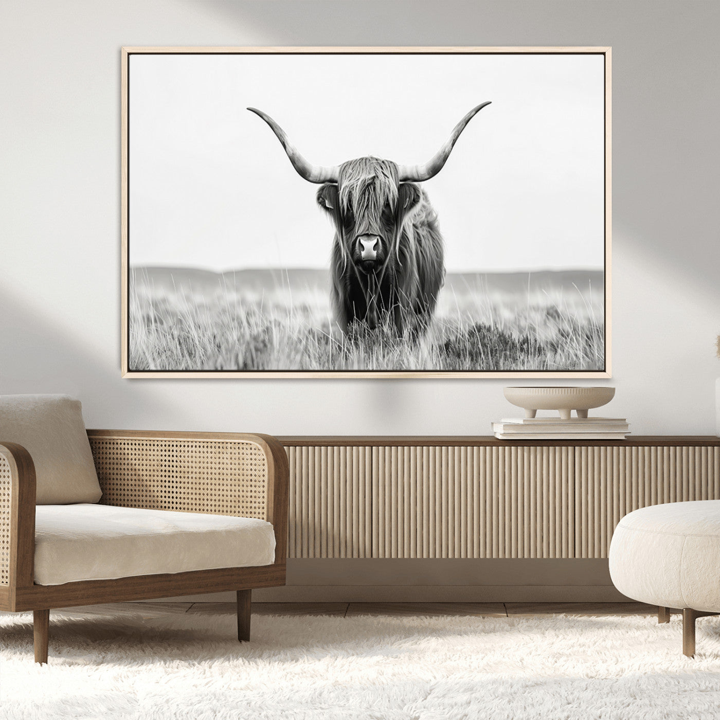 MGV-FC-36X24 - Highland Cow Canvas Wall Art – Majestic Beauty in Black and White