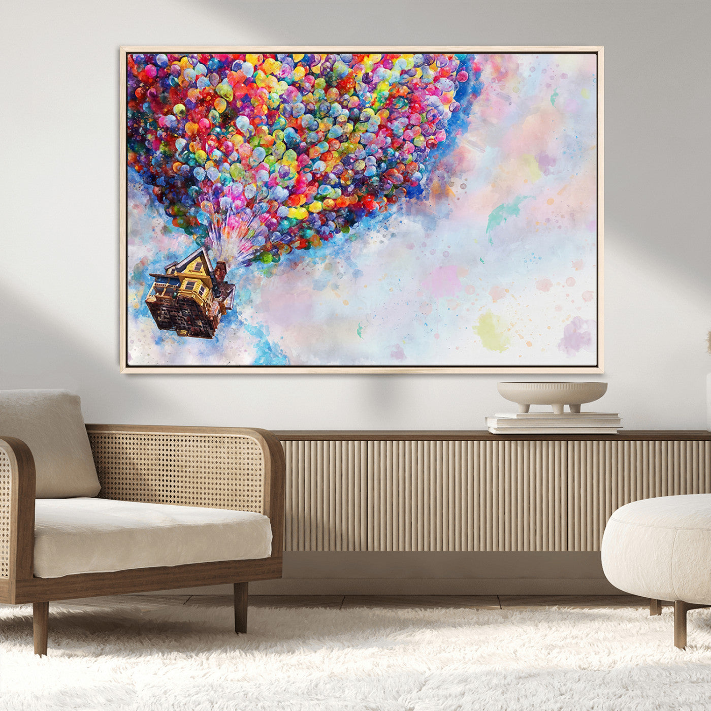 MGV-FC-36X24 - Don't Look Up Movie Canvas Wall Art - Vibrant Floating House and Balloons Scene, Tribute to Iconic