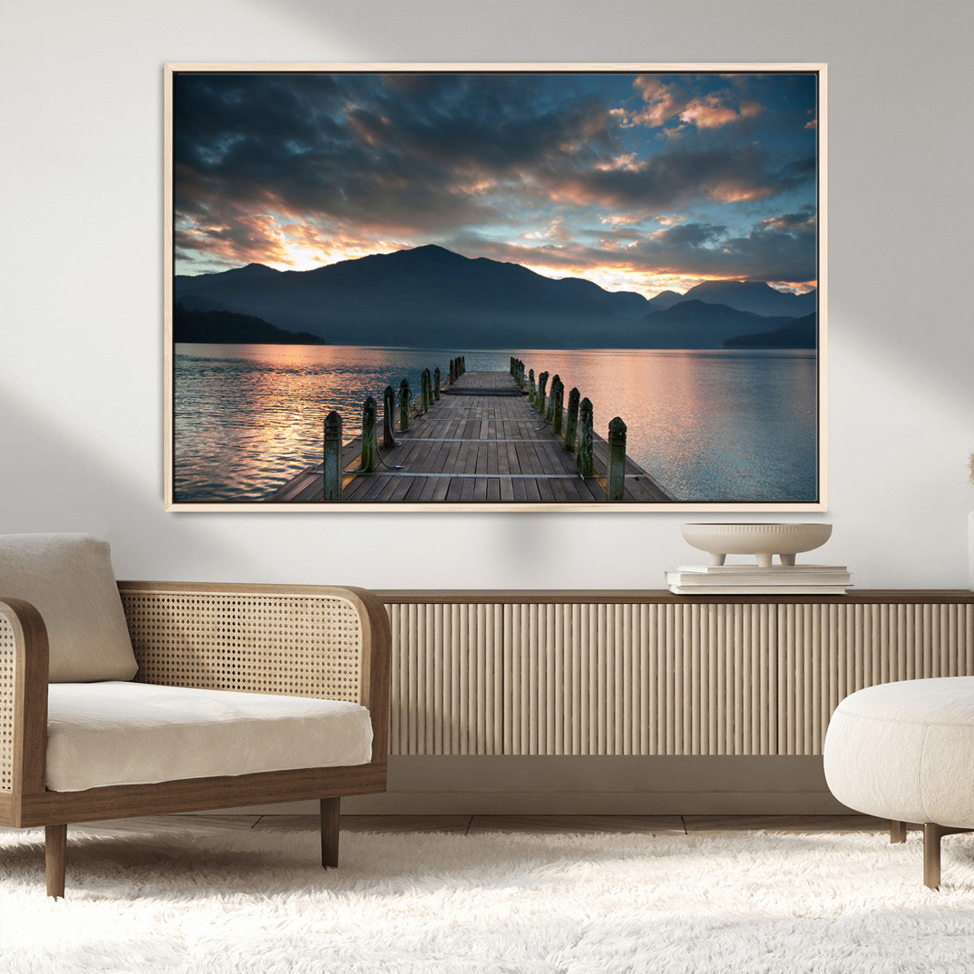 MGV-FC-36X24 - Mountain Lake Wood Pier Canvas Wall Art Nature Lake Print