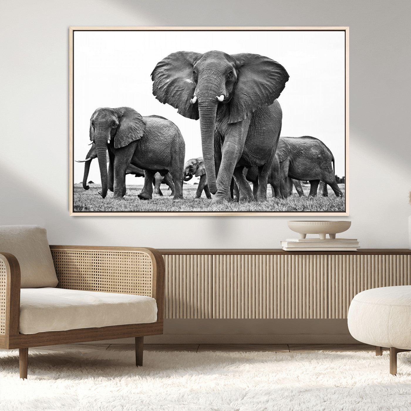 MGV-FC-36X24 - Black White Elephant Family Wall Art Canvas Print