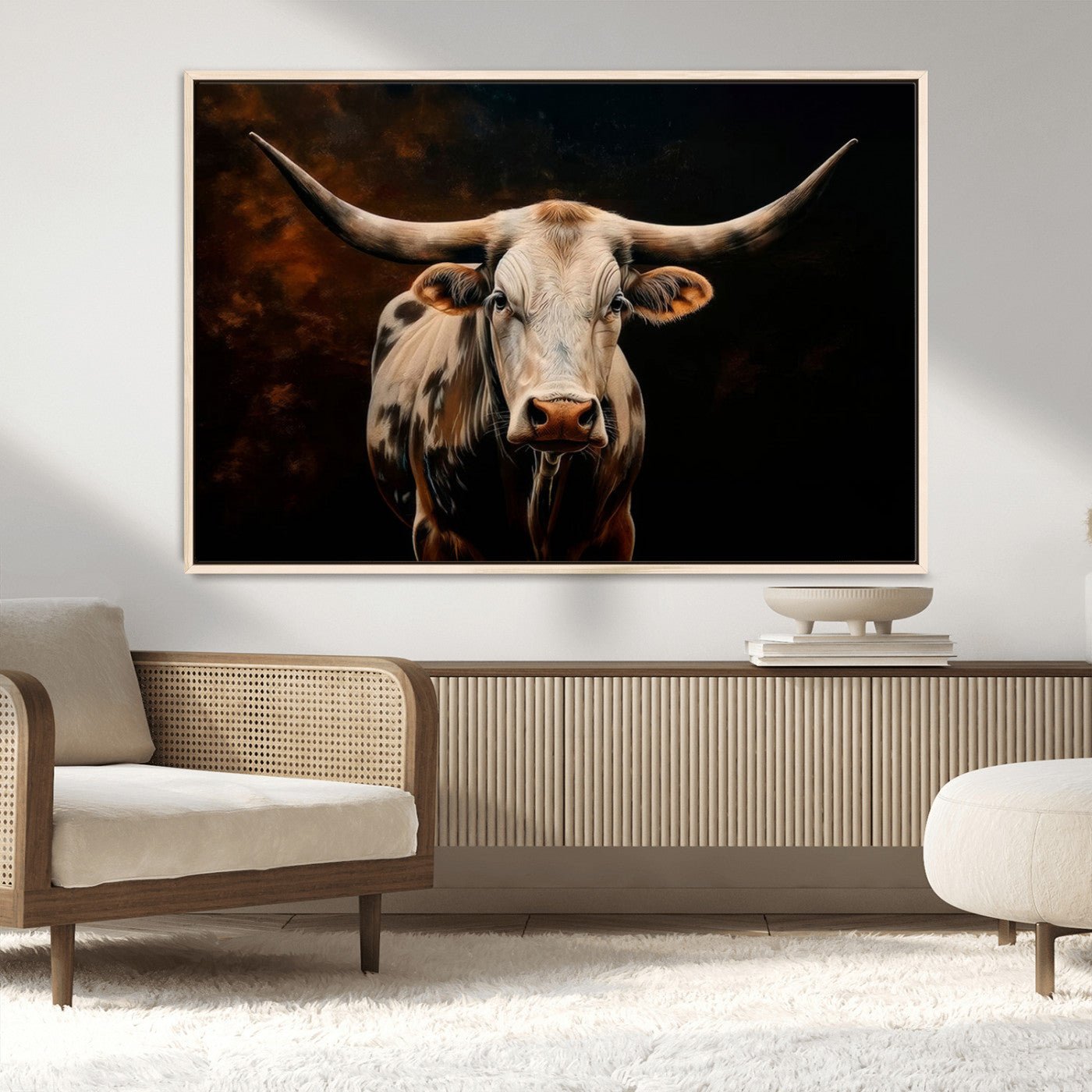 MGV-FC-36X24 - Texas Longhorn Wall Art | 3-Panel Large Texas Longhorn Canvas Print for Living Room, Office, or Farmhouse Decor | Framed Giclee Longhorn Wall Art