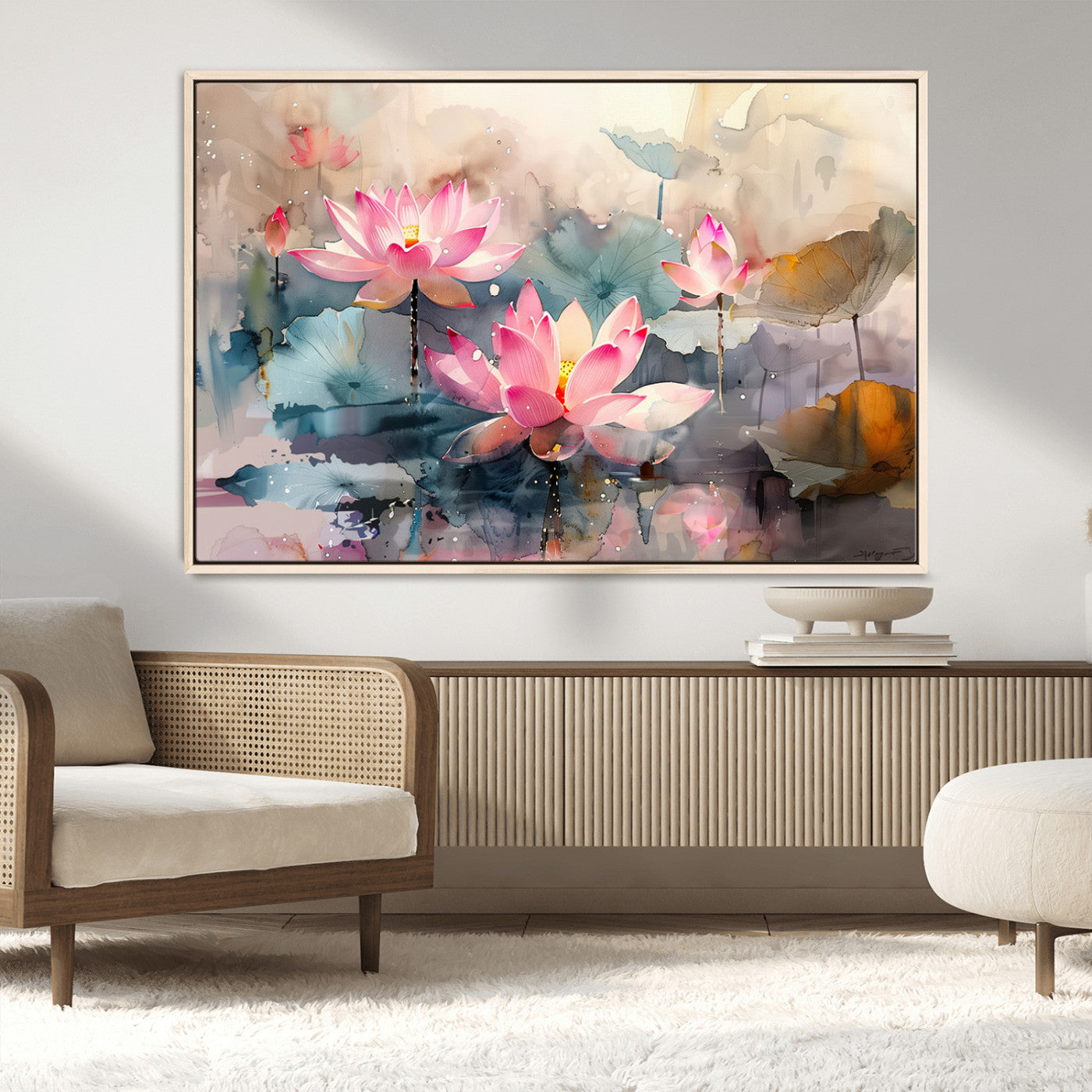 MGV-FC-36X24 - Lotus Flower Wall Art | 3-Panel Giclee Canvas Print of Pink Lotus Blossoms for Living Room, Bedroom, Office | Framed Lotus Floral Wall Art Decor Print