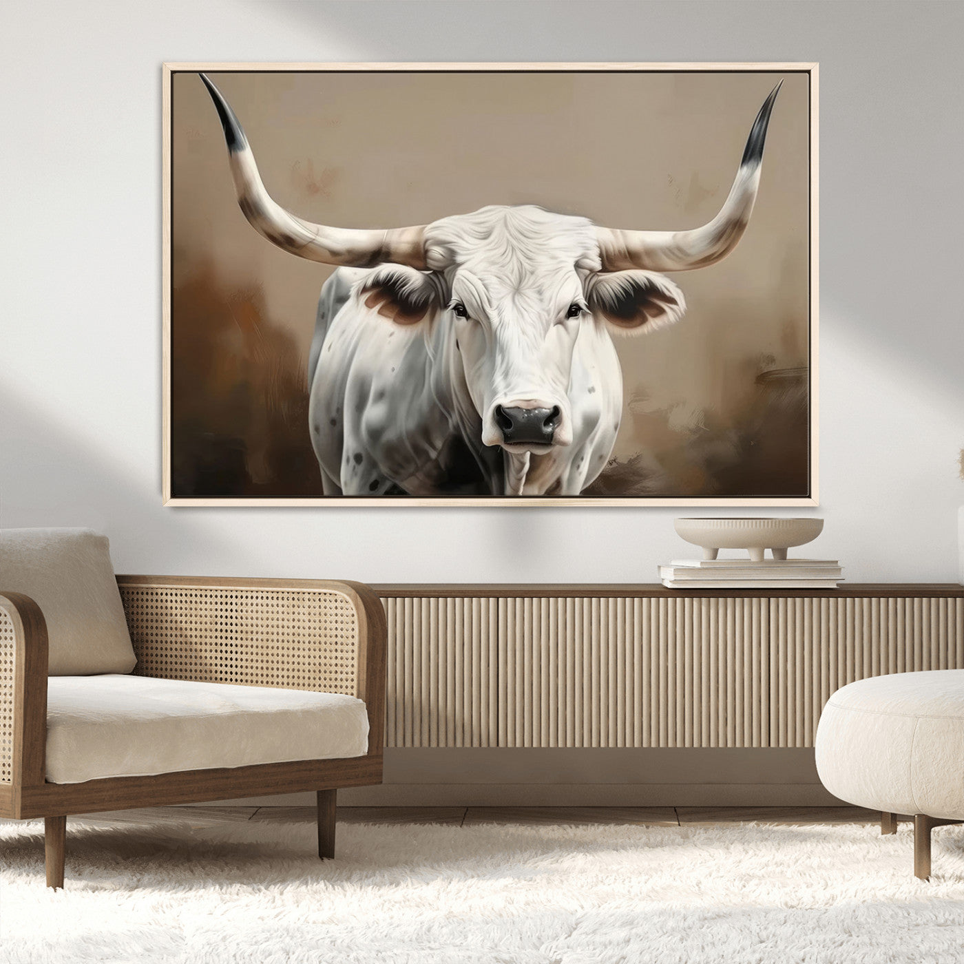 61423-MGV-FC-36X24_Natural-White Longhorn Bull Wall Art Canvas Print – Framed and Ready to Hang – Perfect for Farmhouse and