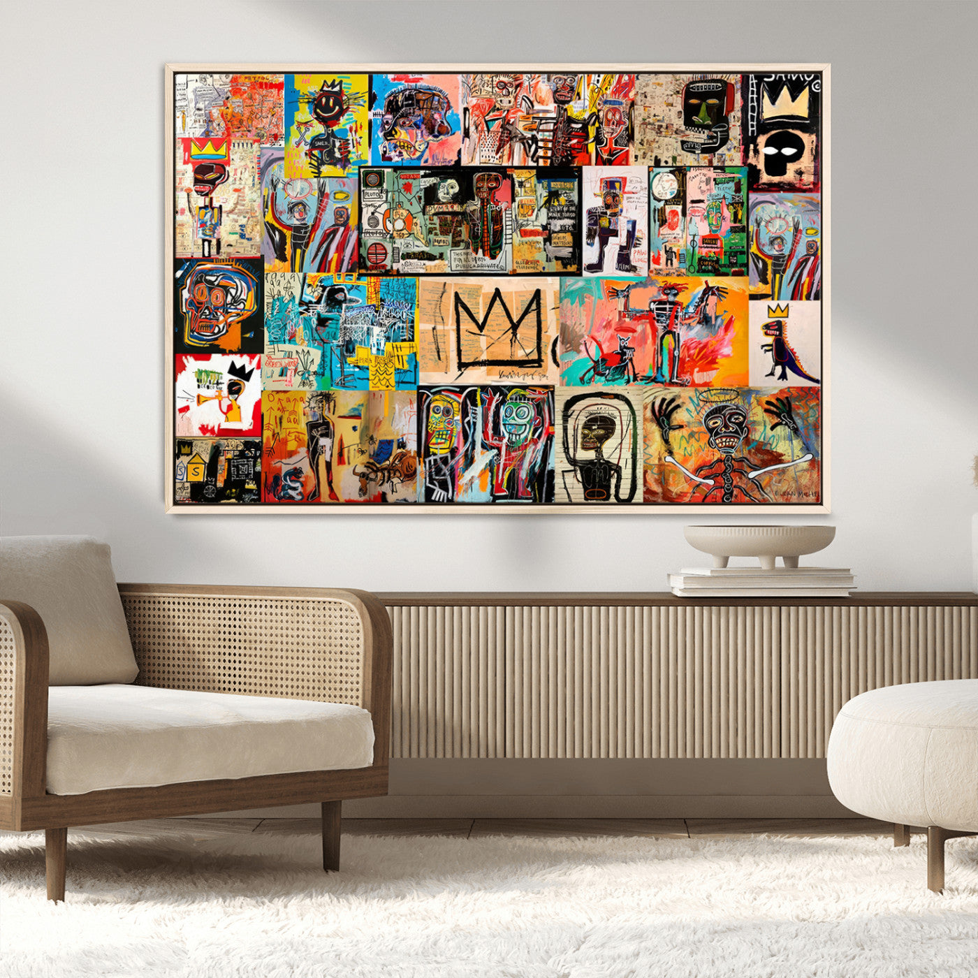 MGV-FC-36X24 - Basquiat Art Collage Wall Art Canvas Print – Framed, Ready to Hang, Urban Graffiti Style