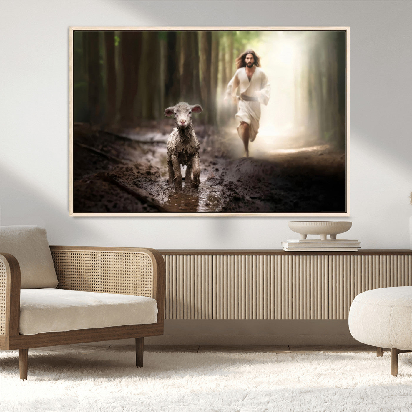 MGV-FC-36X24 - Jesus Canvas Wall Art - Jesus Running After Lost Lamb, Jesus, Christian Home Decor - Church Wall Art