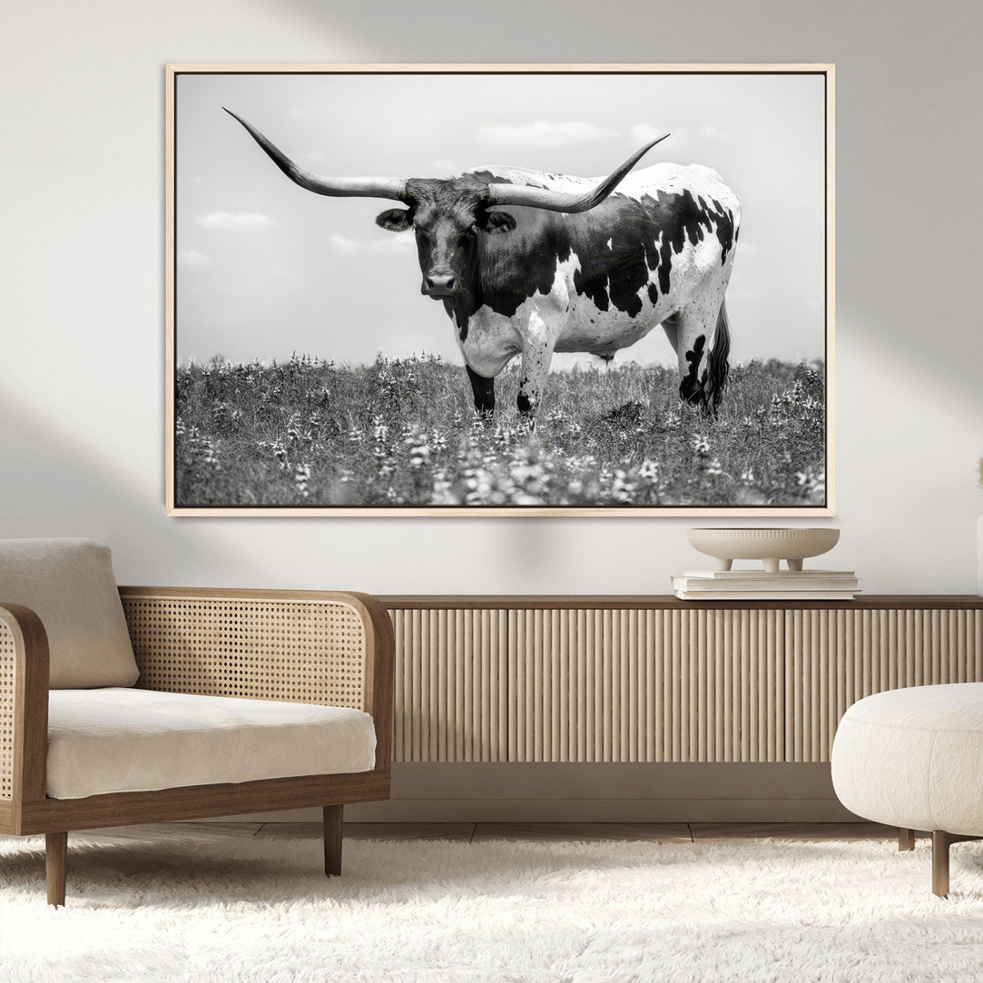 -Texas Black White Highland Longhorn Cow Wall Art Canvas Print