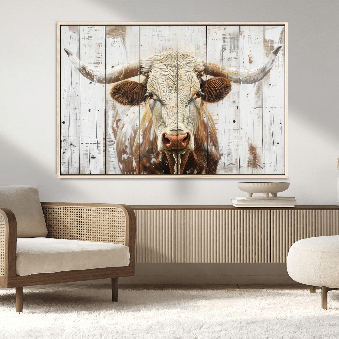 71551-MGV-FC-36X24_Natural-Rustic Longhorn Bull Wall Art Canvas Set – Western-Inspired Farmhouse Décor - Ready to Hang