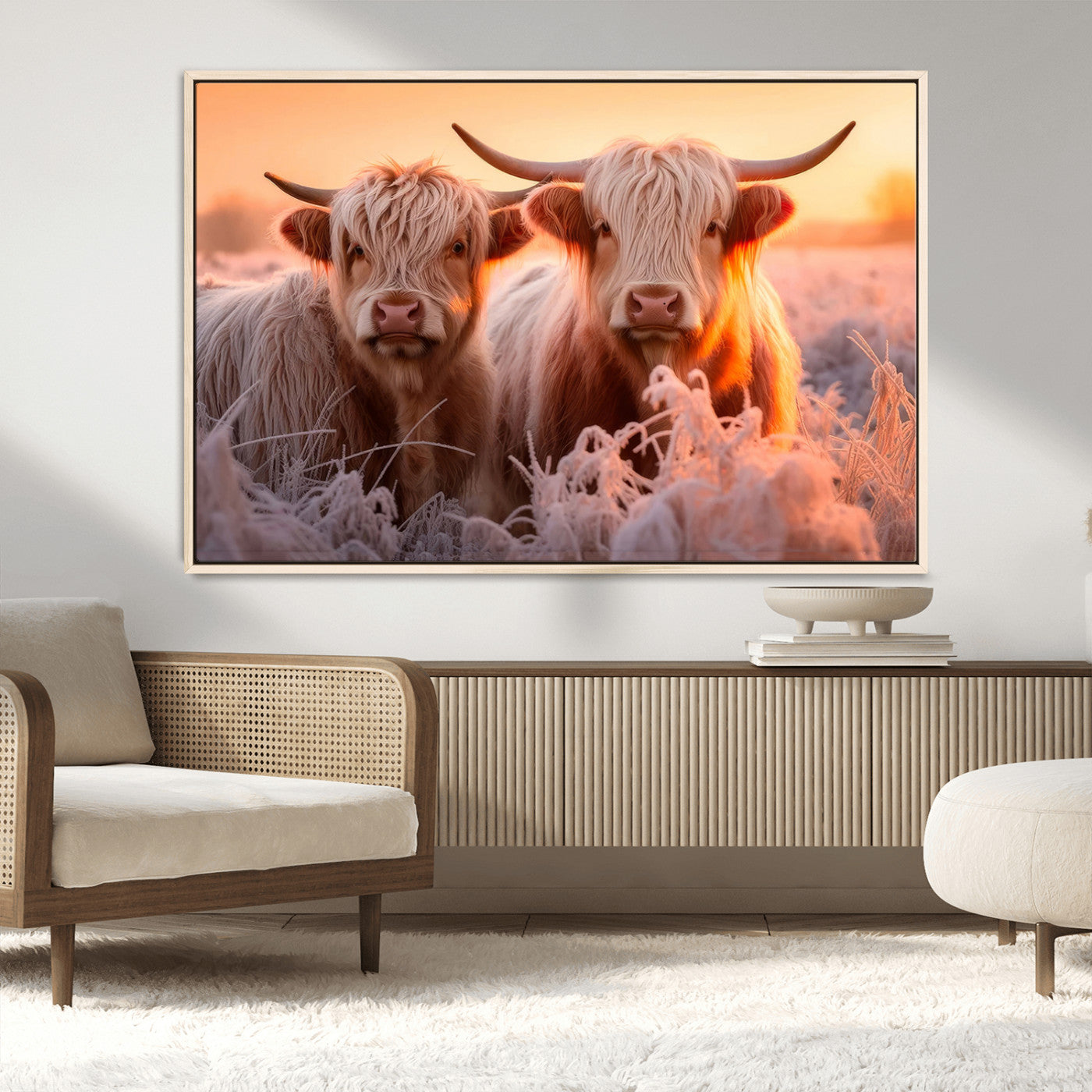 -Highland Cows at Sunrise Wall Art Canvas Set – Serene and Rustic Farmhouse Decor