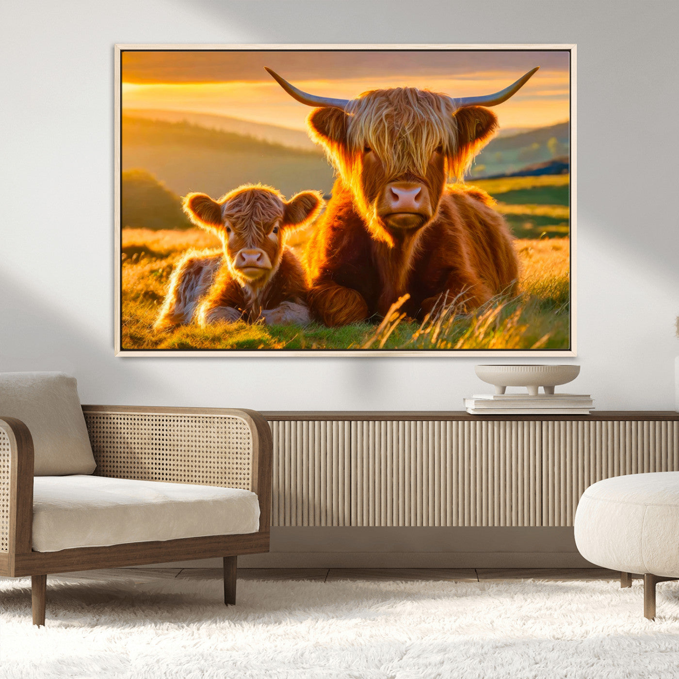-Scottish Cow and Baby Cow Canvas Wall Art Animal Print Fluffy Cattle Framed Farmhouse Decor