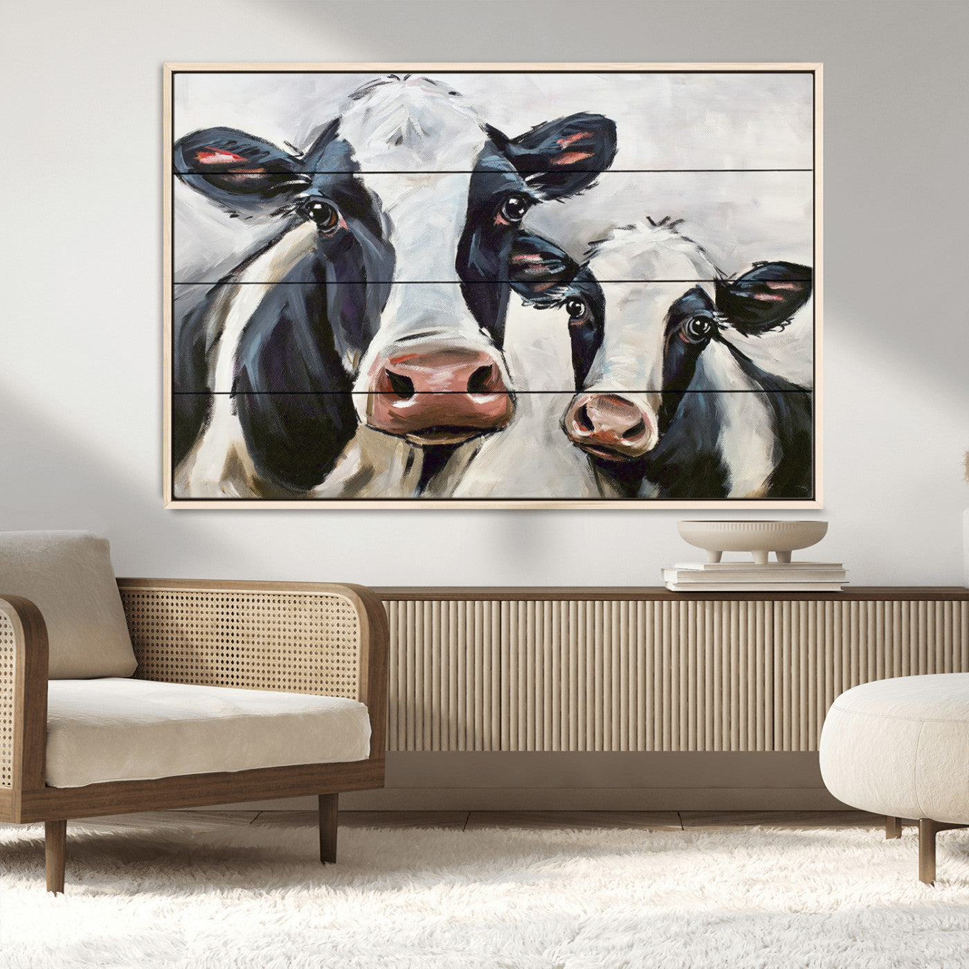 -Vintage Baby and Mom Cattle Wall Art Canvas Print