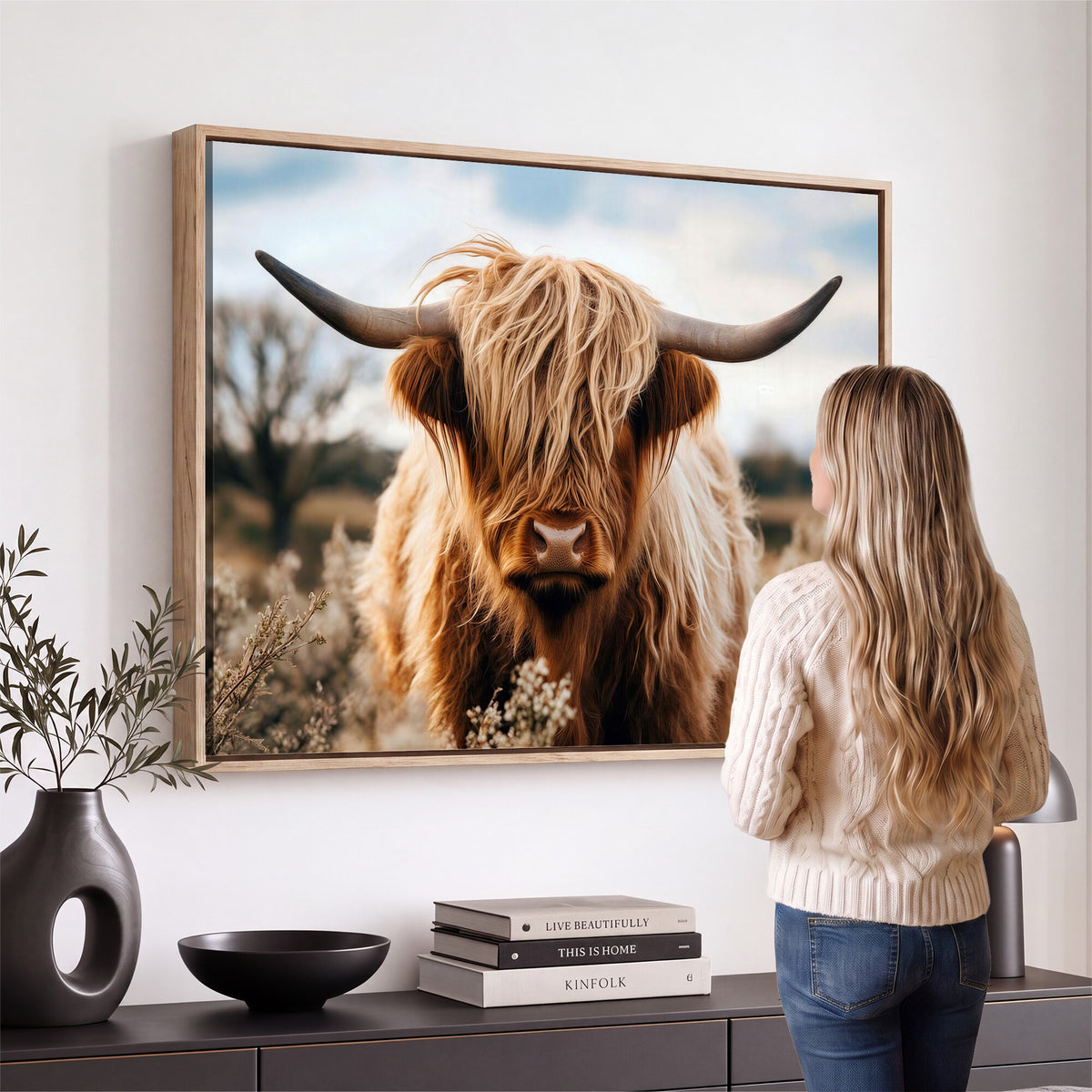 55903-_Poster-30x20 - Scottish Cow Longhorn Wall Art Canvas Print