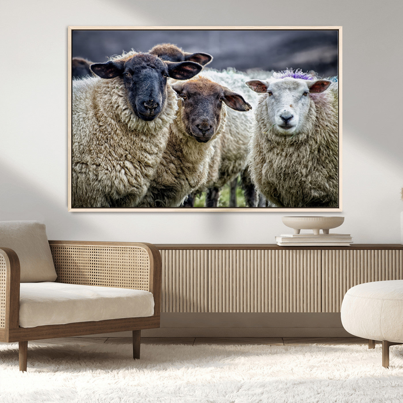 18418-MGV-FC-36X24_Natural-Charming Sheep Portrait Wall Art – Trio of Woolly Companions Canvas Print, Framed, Ready to Hang