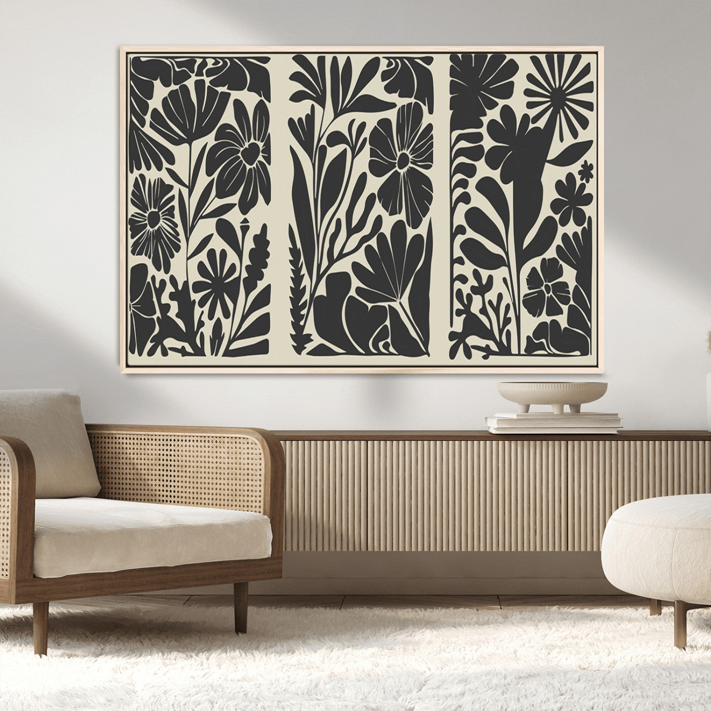 MGV-FC-36X24 - Modern Botanical Wall Art - Floral Black and White Canvas Print, Framed, Ready to Hang