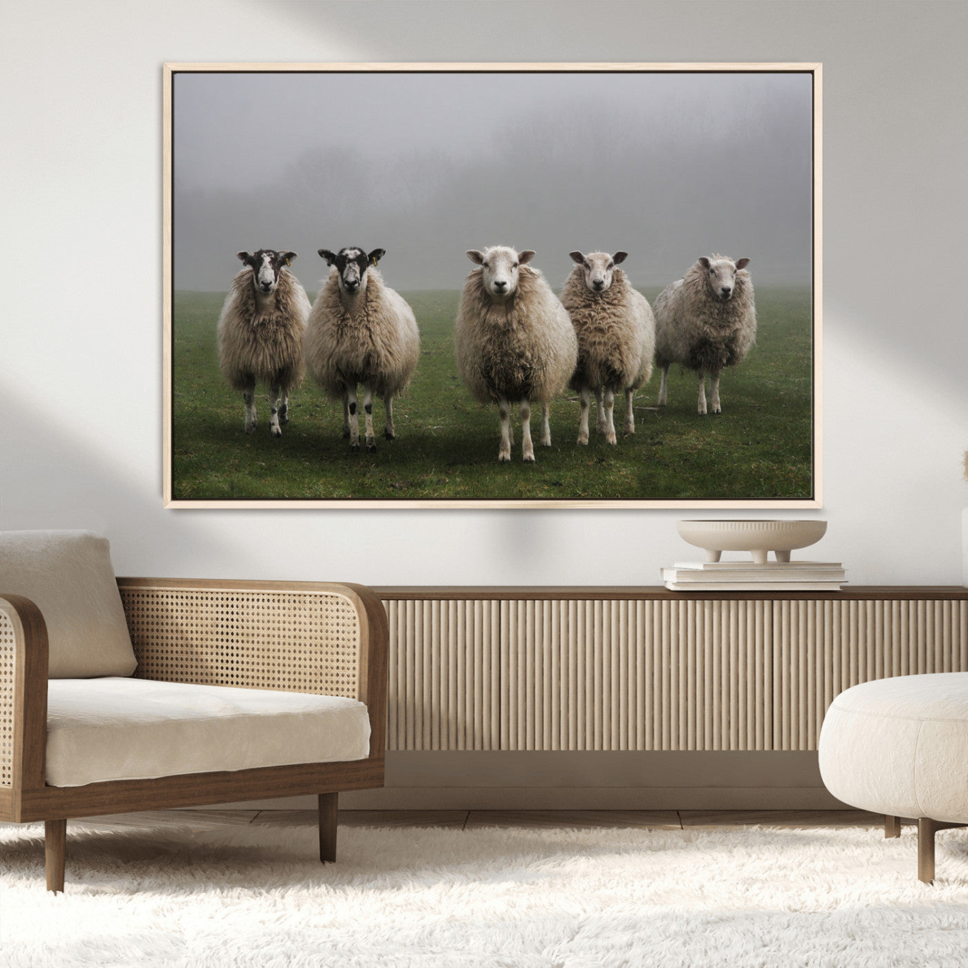 -Flock of Sheep in a Mystical Fog – Pastoral Wall Art Canvas Print, Framed, Ready to Hang