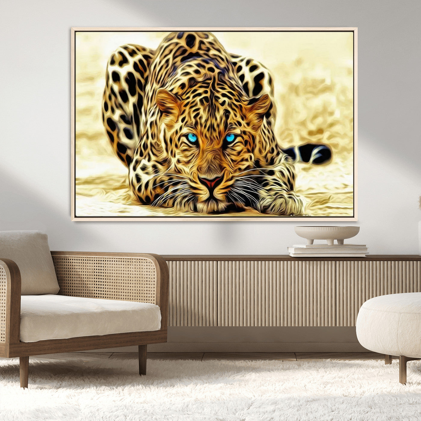 -Blue-Eyed Leopard Canvas Wall Art - Framed Animal Print Ready to Hang - Fierce and Bold Decor for