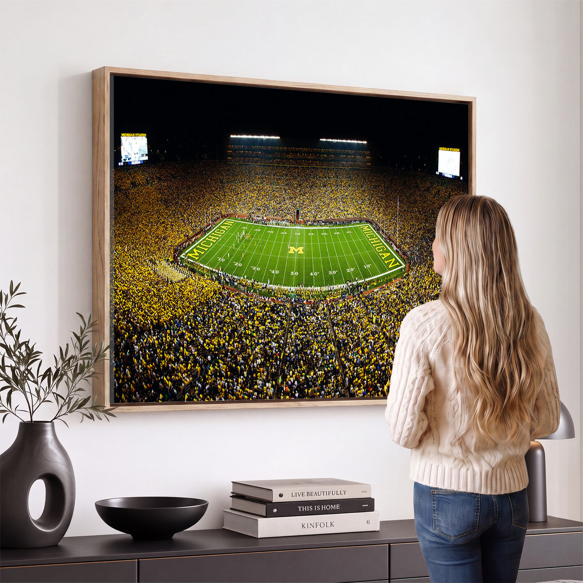 26166-MGV-CV-36X24 - Stadium in Michigan Wall Art Canvas Print, Framed American Football Stadium Art