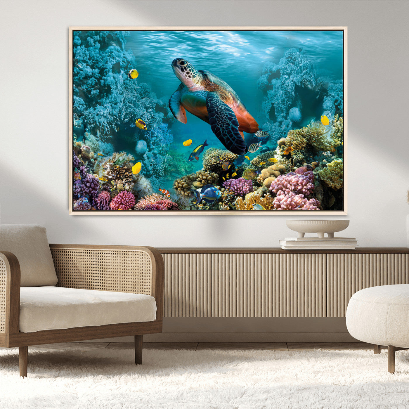 MGV-FC-36X24 - Sea Turtle and Coral Reef Triptych Wall Art – Vibrant Underwater Scene Canvas Set for Ocean Lovers and Coastal Decor – Ready to Hang 3-Panel Artwork