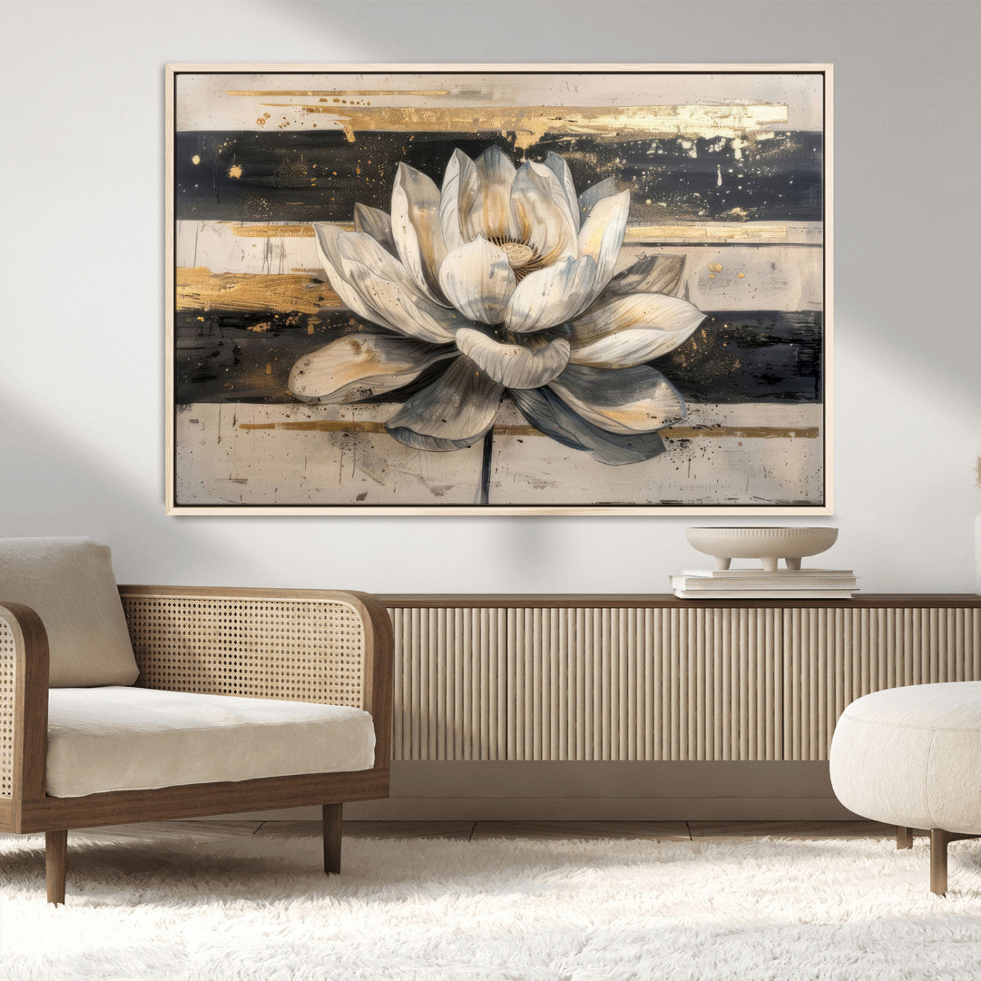 MGV-FC-36X24 - Lotus Flower Wall Art Canvas Print, Framed Abstract Lotus Art Picture Print, White Lotus Flower Perfect Abstract Floral Decor Artwork