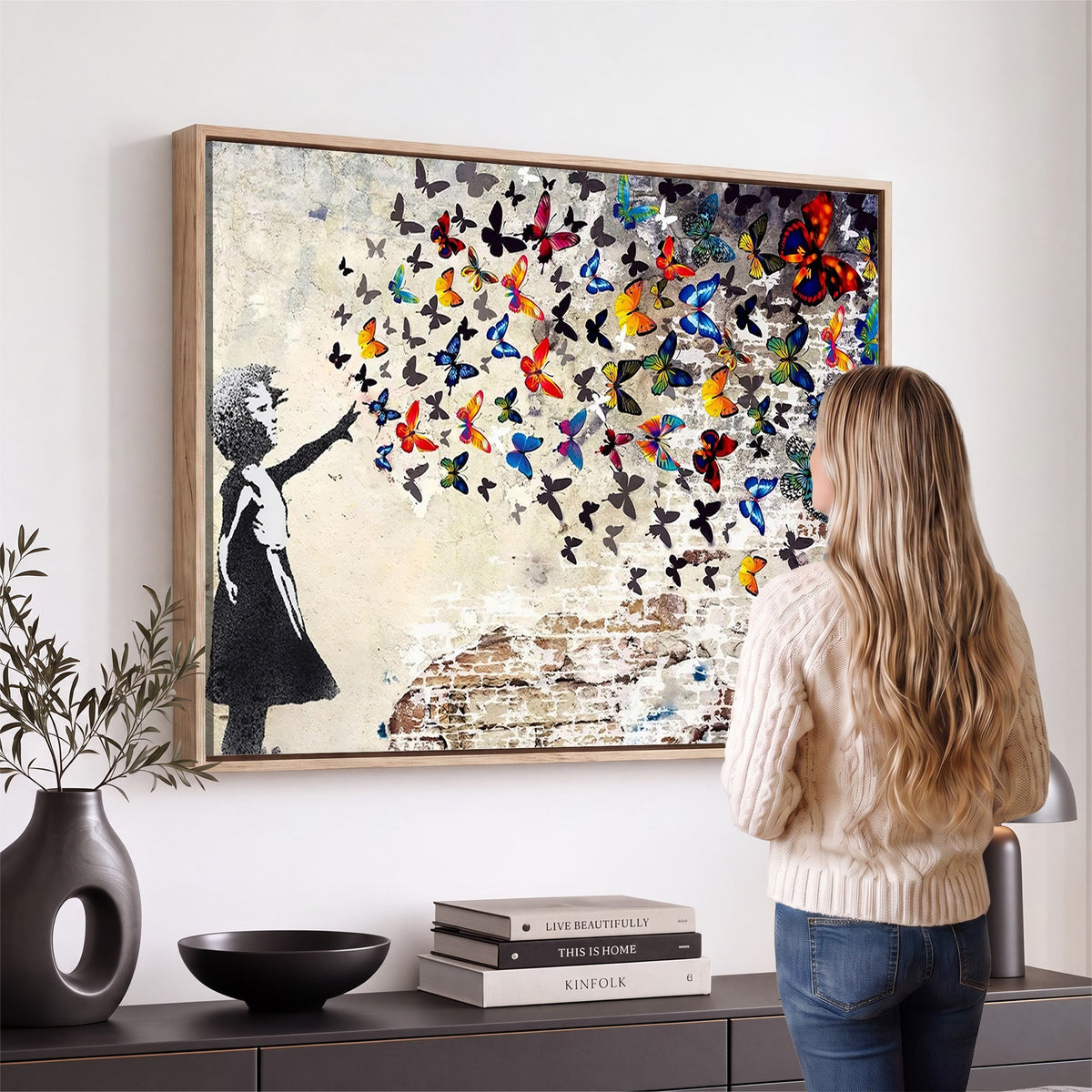 97895-MGV-CV-24X16 - Banksy Graffiti Wall Art Canvas Print, Girl Releasing Vibrant Butterflies
