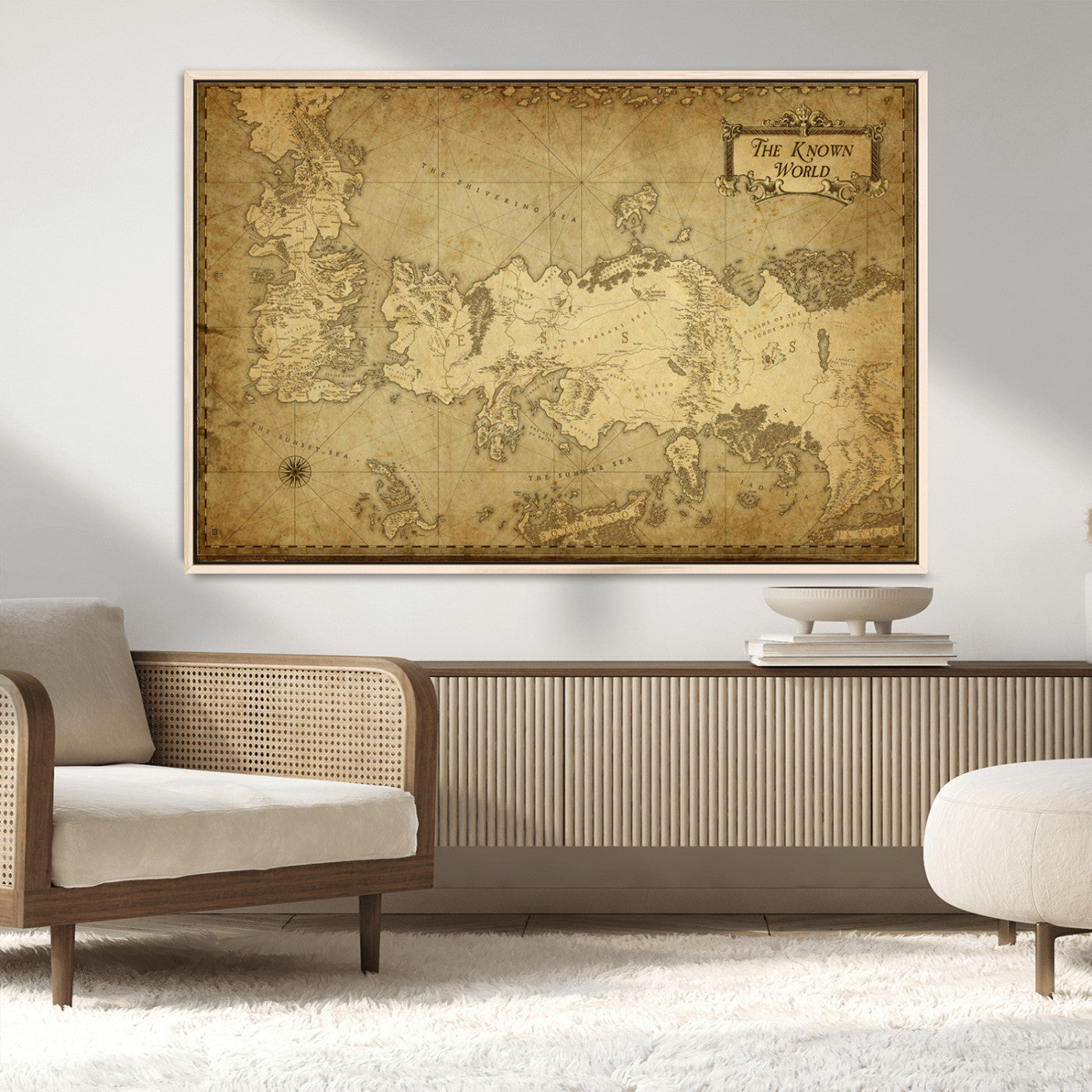 MGV-FC-36X24 - Vintage Game of Thrones Map Wall Art | Westeros and Essos Antique Style Print | The Known World in Triptych Canvas | Giclee Canvas for Fantasy Lovers