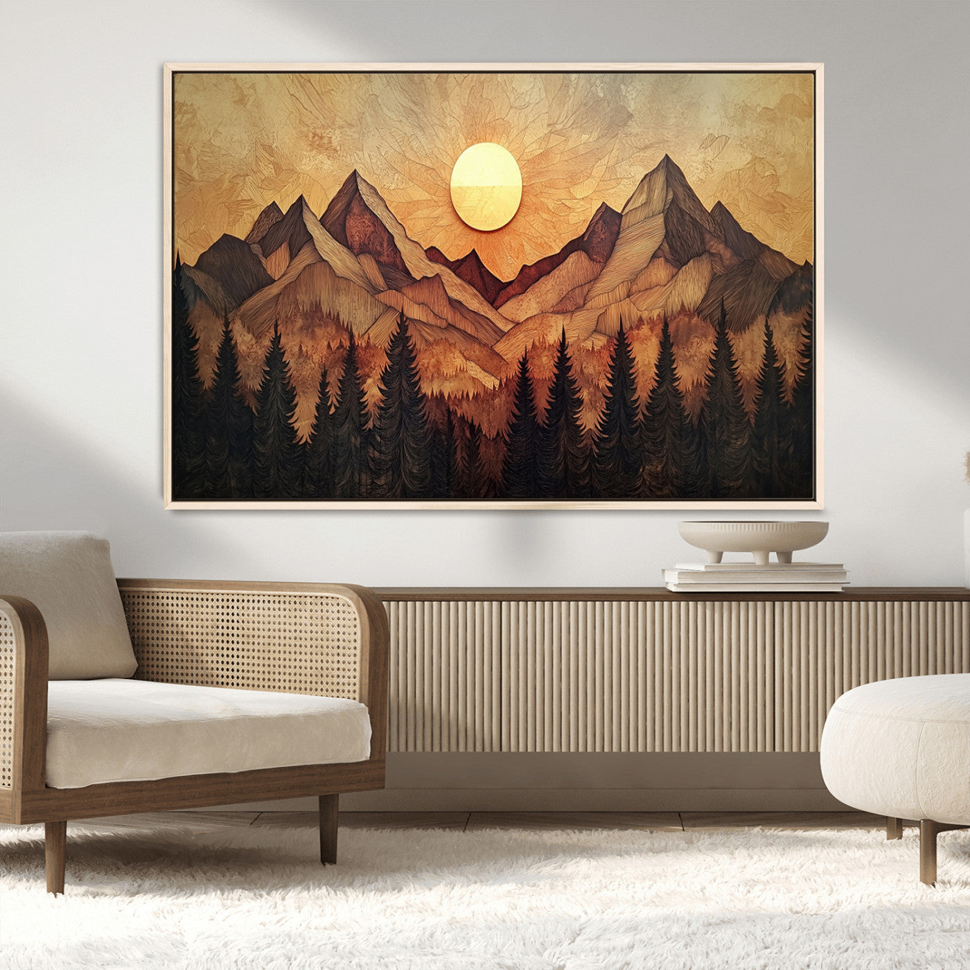 MGV-FC-36X24 - Wood Style Abstract Mountain Sunset Canvas Wall Art Print - Warm Earth Nature-Inspired Decor for