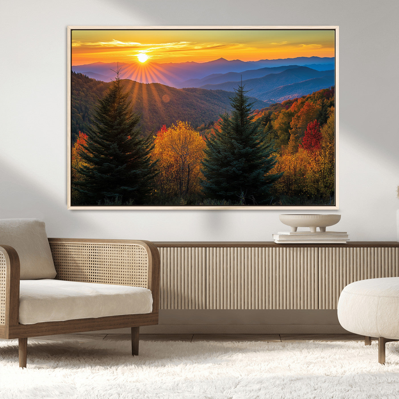 MGV-FC-36X24 - Golden Sunset Over Mountain Forest Canvas Wall Art Print - Warm Nature-Inspired Landscape for Living