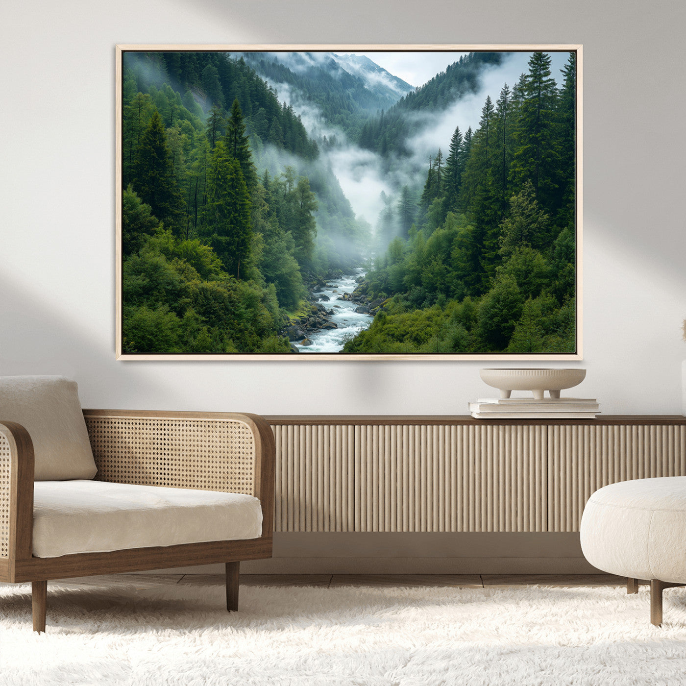MGV-FC-36X24 - Mountain Forest River Canvas Wall Art Print - Serene Nature Landscape for Living Room, Office, or