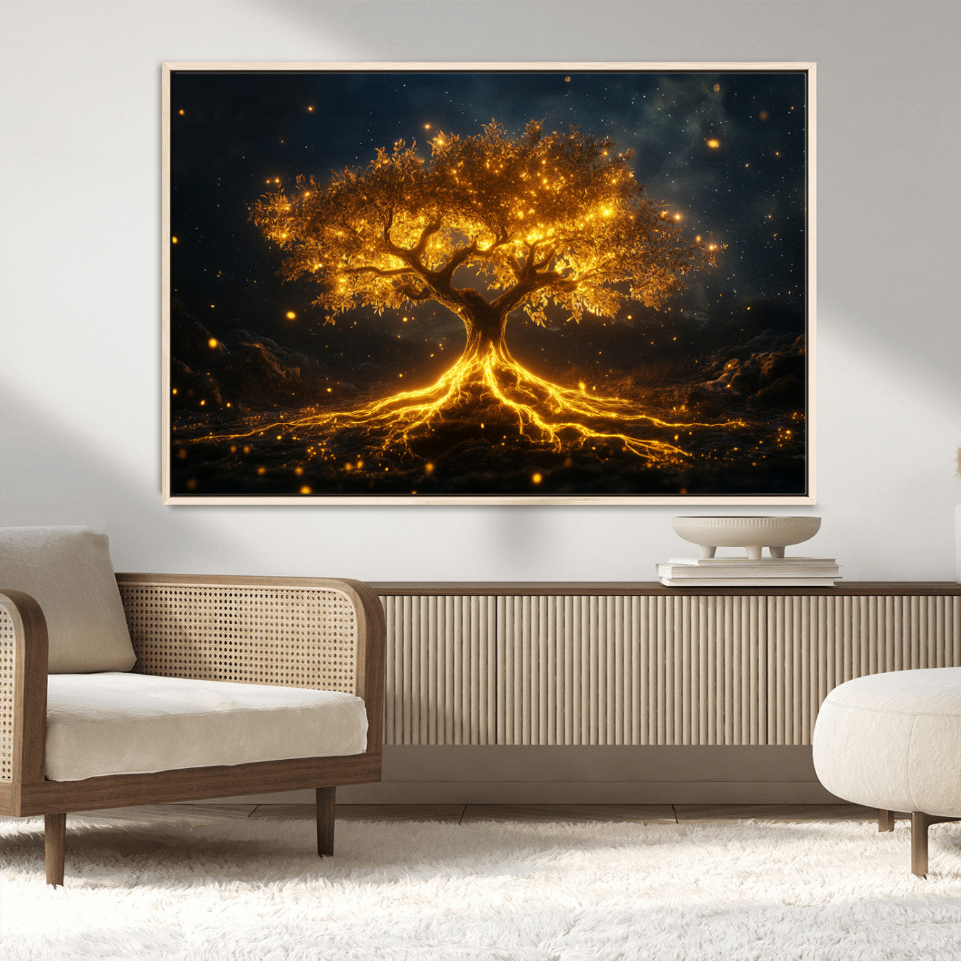 MGV-FC-36X24 - Golden Tree of Life Canvas Wall Art Print - Majestic Glowing Tree Design for Living Room, Office, or