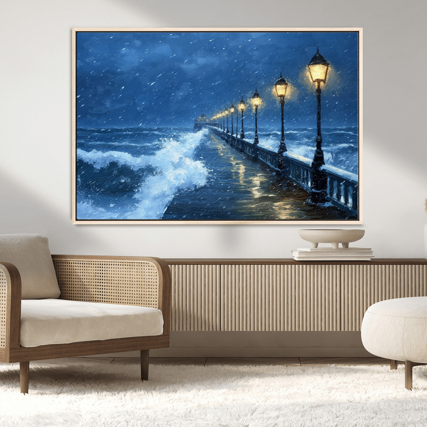 MGV-FC-36X24 - Stormy Ocean Pier Lights Canvas Wall Art Print - Large Moody Night Scene for Living Room, or Office,