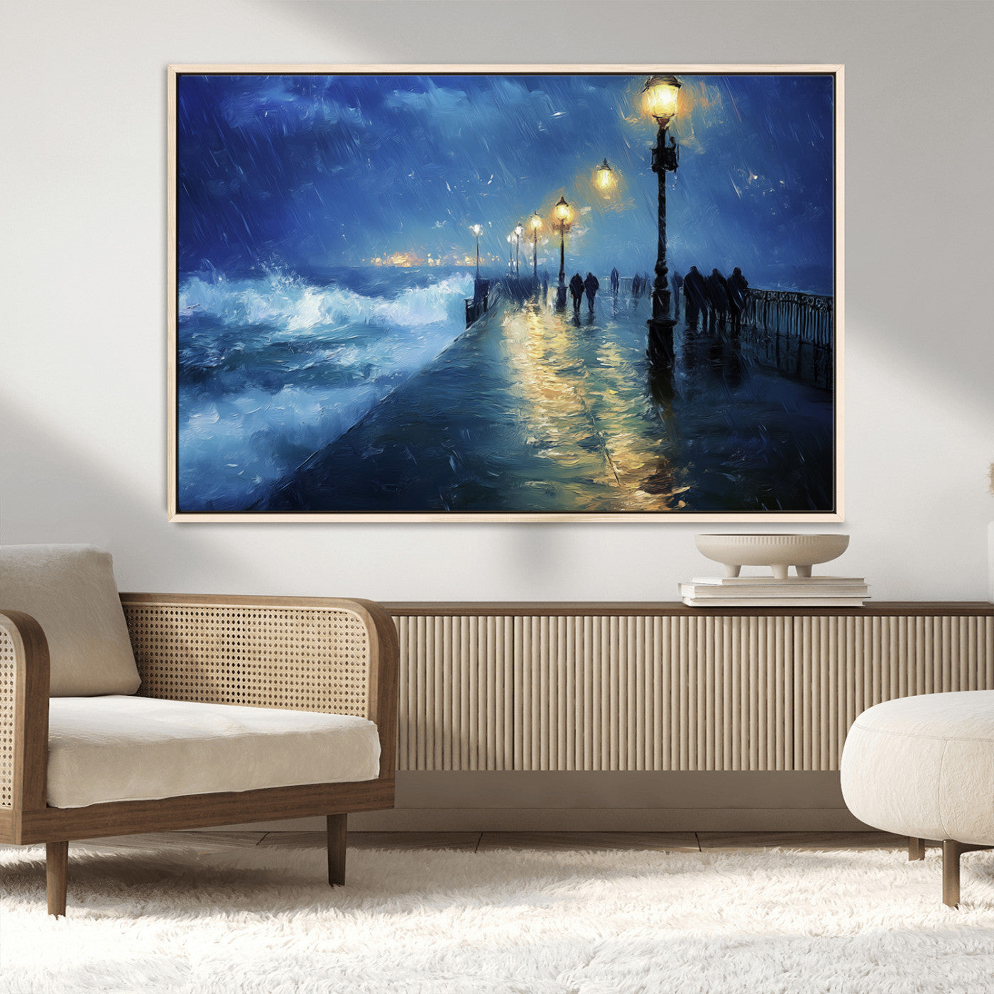 MGV-FC-36X24 - Abstract Stormy Ocean Pier Canvas Wall Art Print | Stormy Ocean Art | Large Moody Night Scene Print,