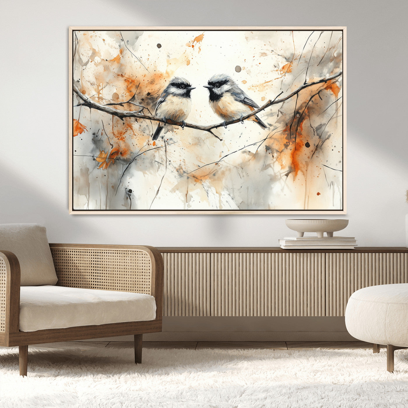 MGV-FC-36X24 - Abstract Watercolor Chickadee Bird Canvas Wall Art Print - Large Bird and Branch Wall Art, Modern