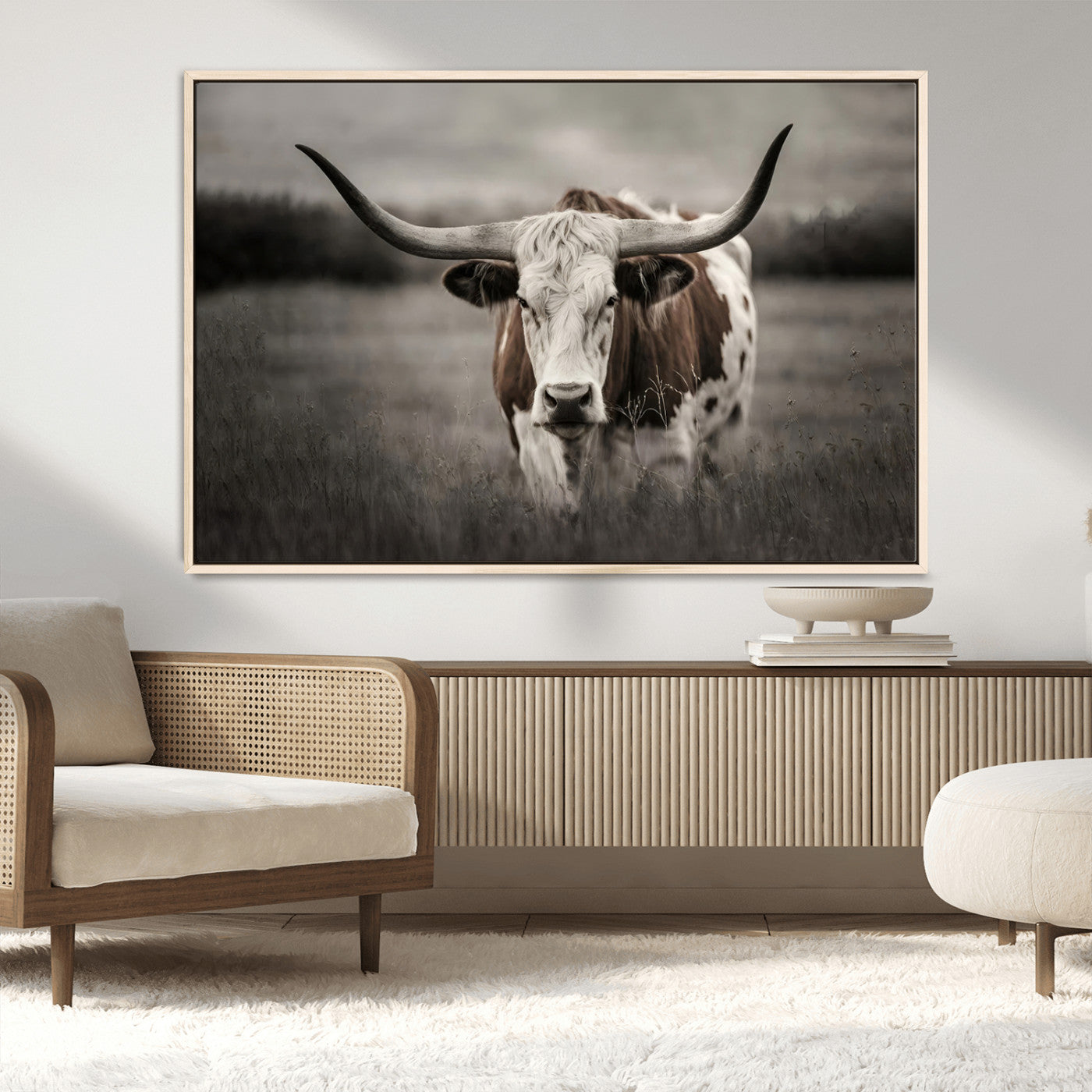 MGV-FC-36X24 - Texas Longhorn Cow Canvas Wall Art Print - Large Rustic Longhorn Art for Living Room, Western Wall