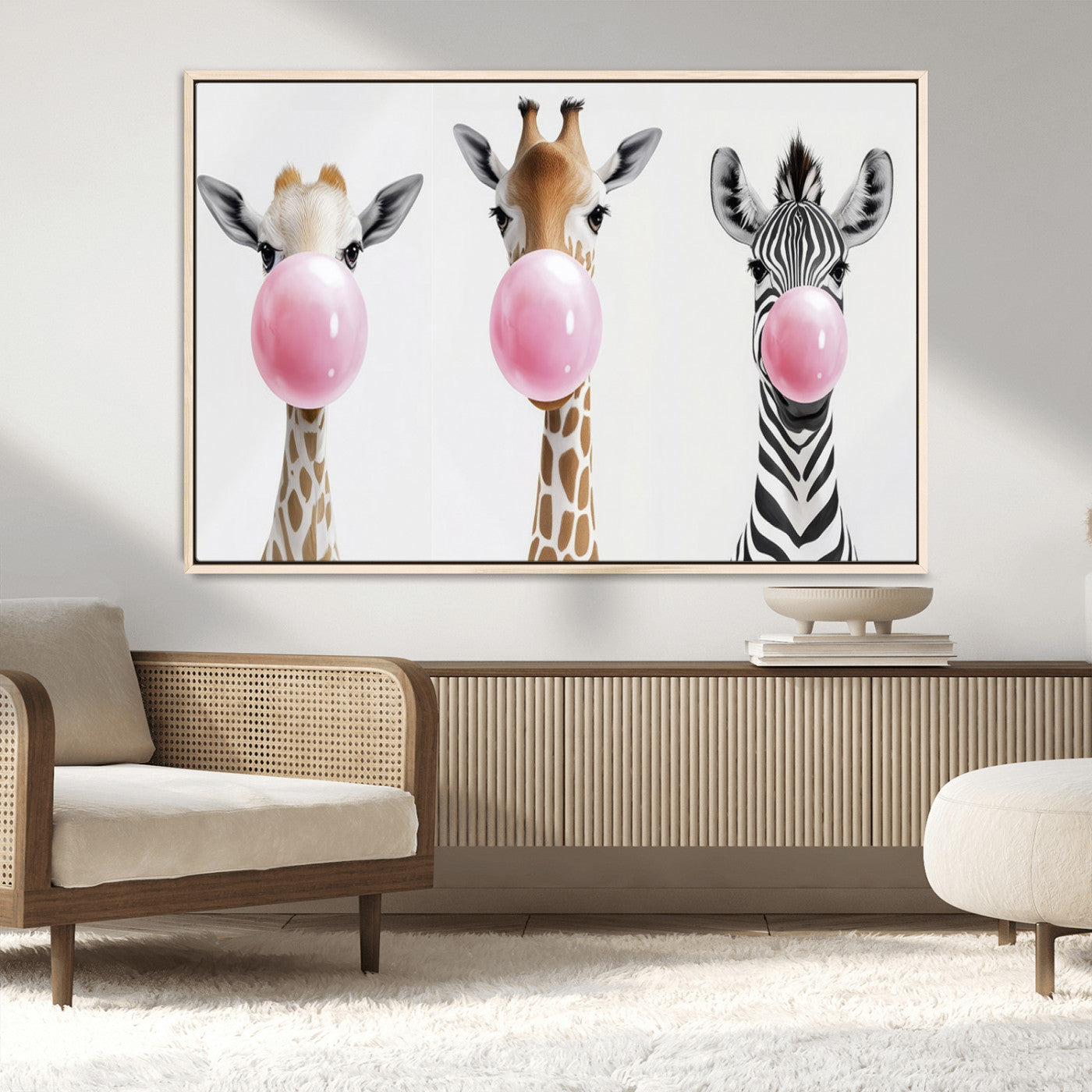 MGV-FC-36X24 - Bubblegum Animals Canvas Wall Art - Playful Giraffe and Zebra Trio, Fun Nursery Decor for Kids'