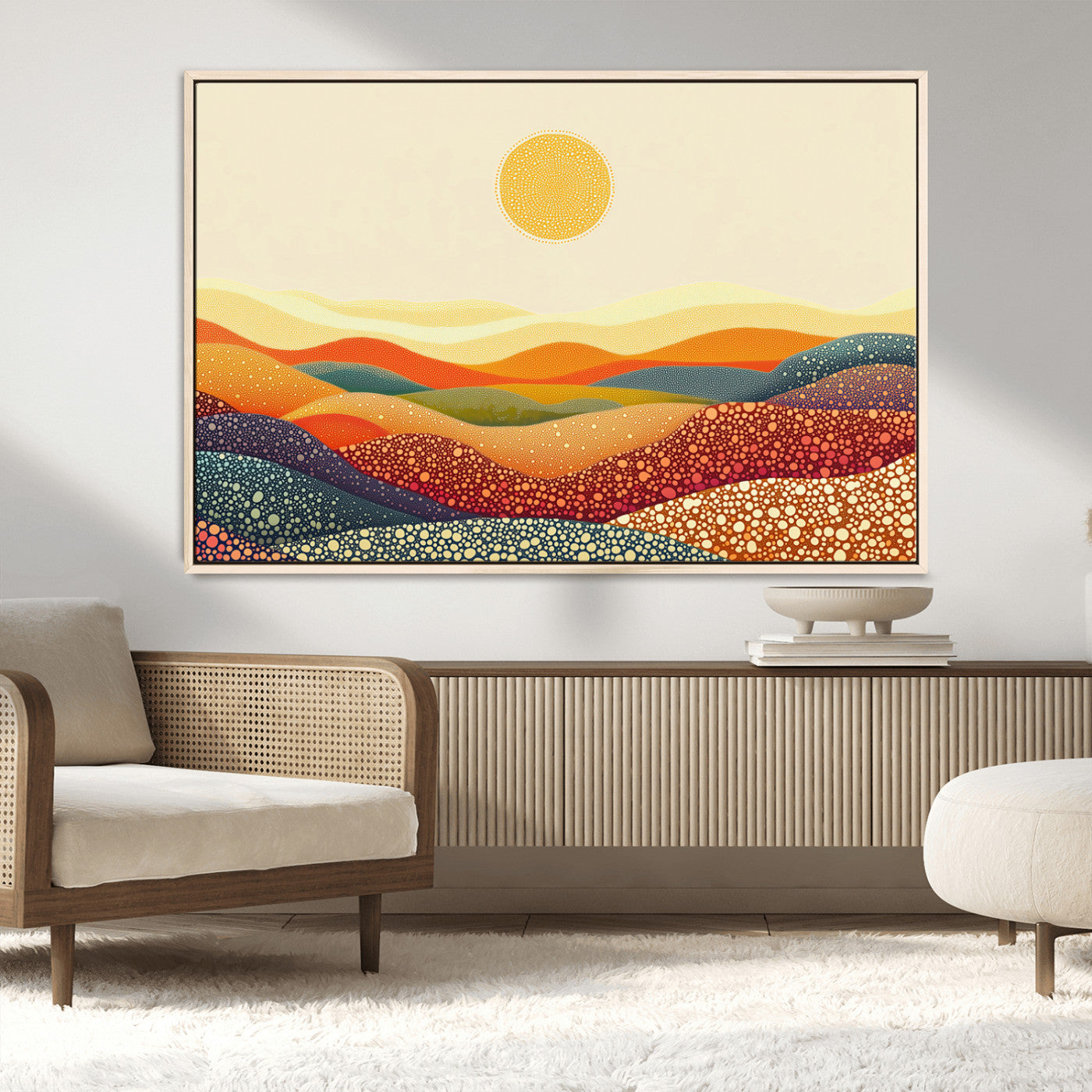 MGV-FC-36X24 - YAYOI KUSAMA Colorful Dot Art Landscape Canvas - Framed Abstract Pointillism Inspired by Nature with