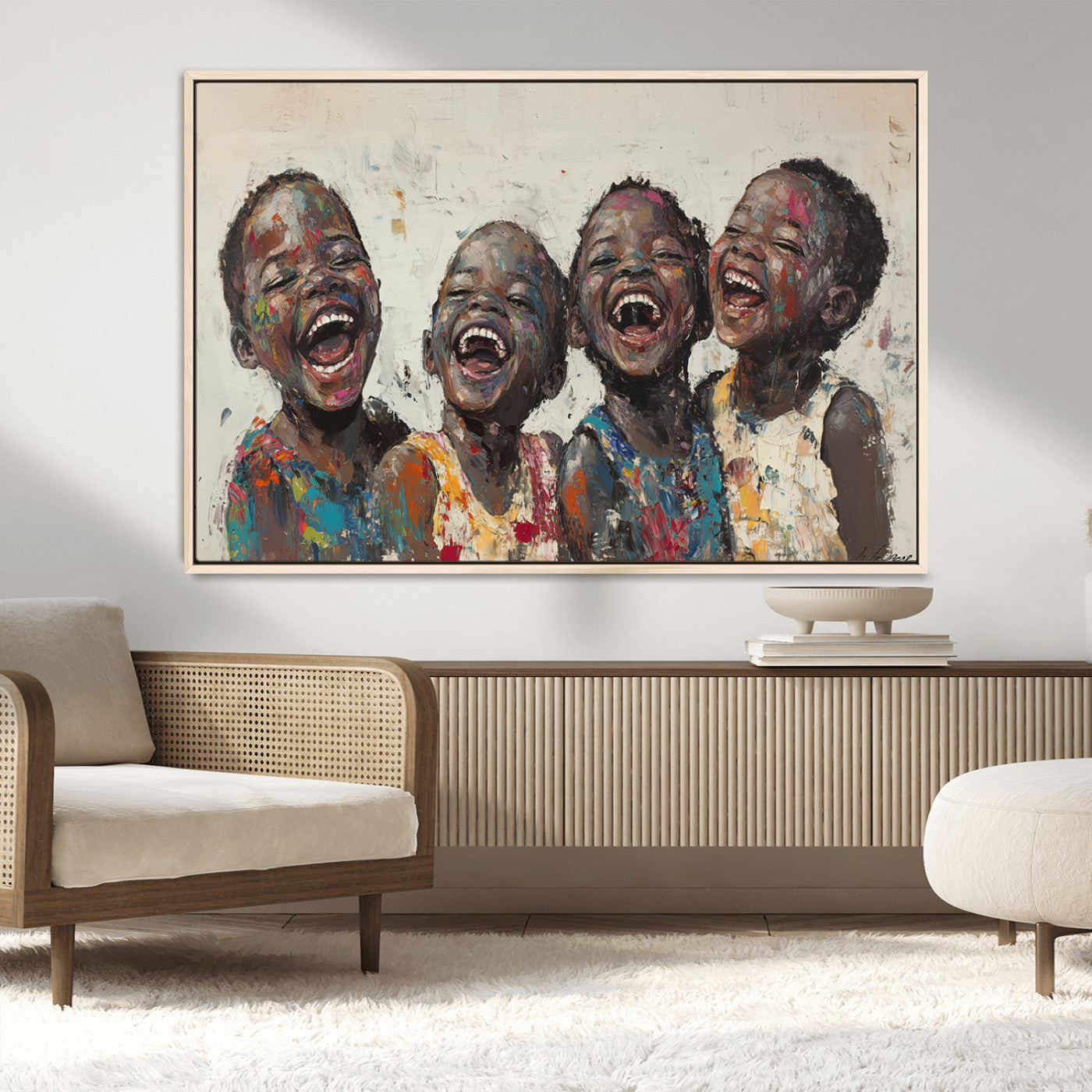 85256-MGV-CV-36X24-Shai Yossef Print - Joyful Childhood Canvas Wall Art - Expressive Impasto Painting of Laughing