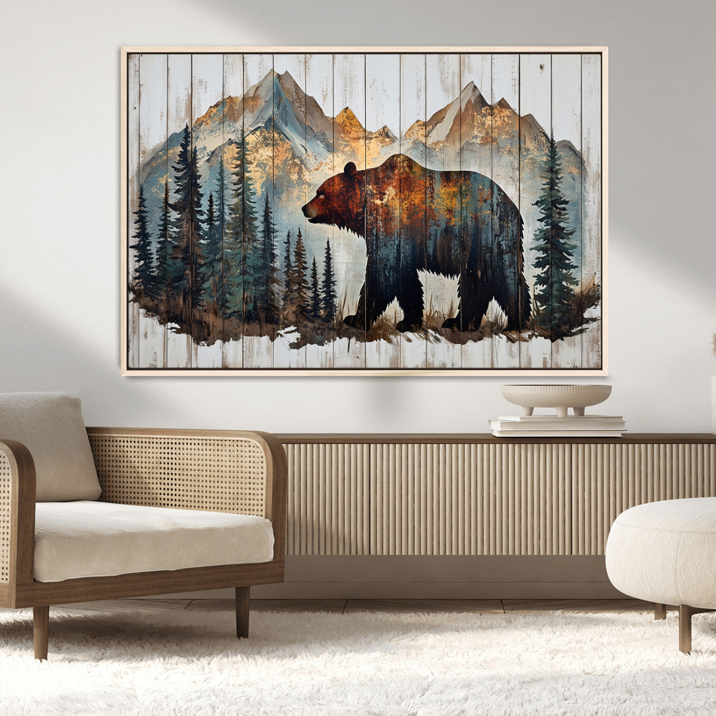 55777-MGV-CV-36X24-Rustic Grizzly 399 Bear and Mountain Wood Canvas Wall Art - Framed Nature Artwork with Forest