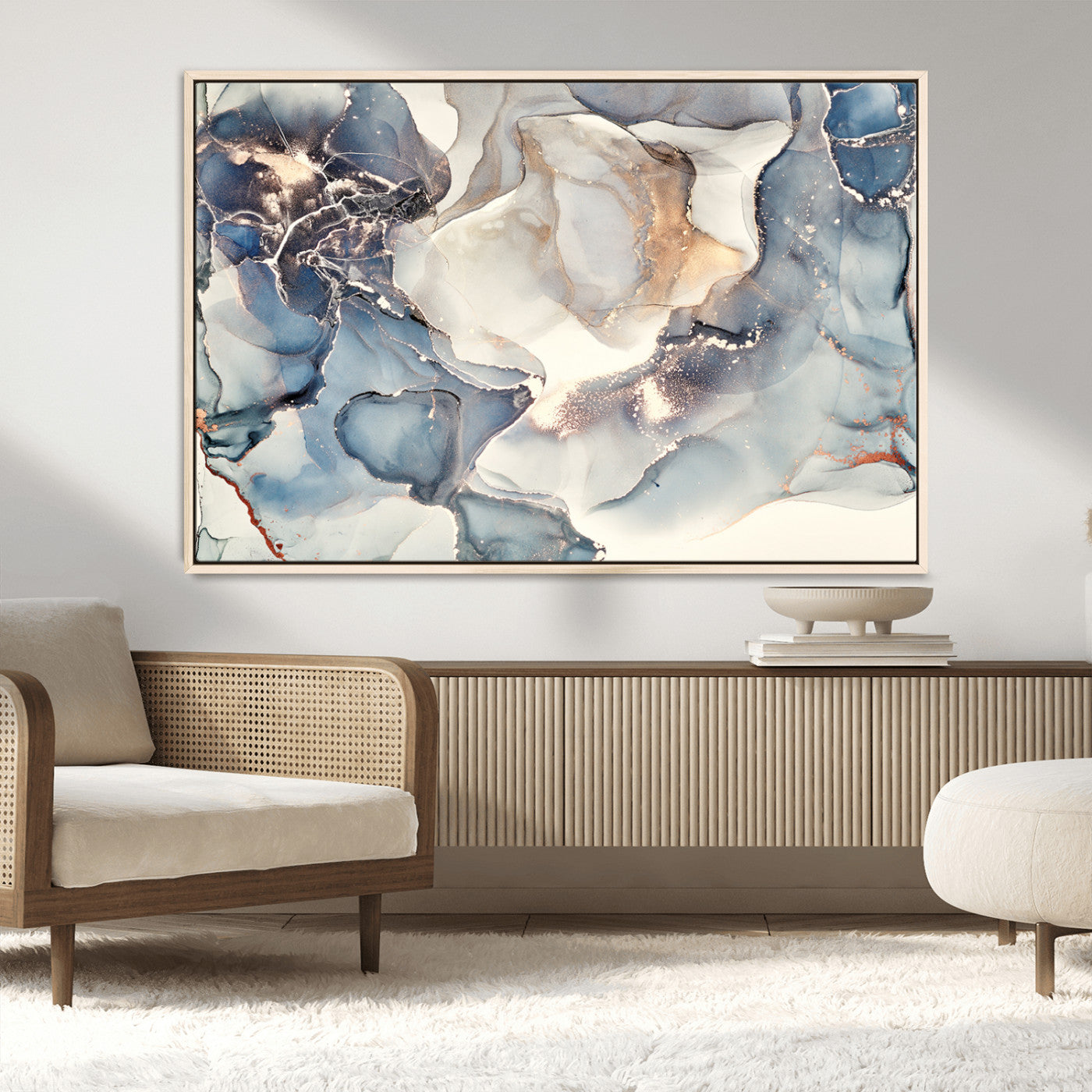 MGV-FC-36X24 - Abstract Blue and Gold Canvas Wall Art - Fluid Modern Ink Artwork - Modern Luxury Wall Decor for
