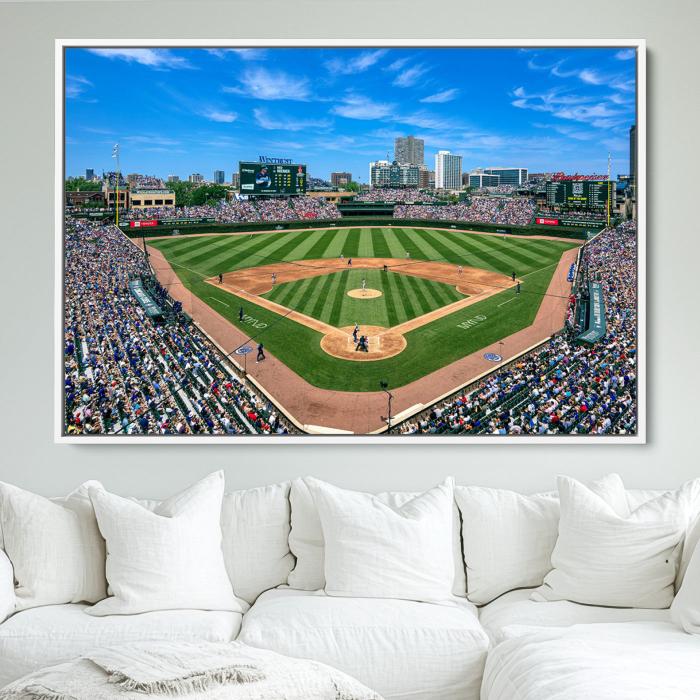 26064-MGV-FC-30X20_White-Framed Wrigley Field Chicago Cubs Print, Panoramic Multi Piece Canvas Wall Art - Iconic Baseball Stadium Print for Sports Lovers - Ready to
