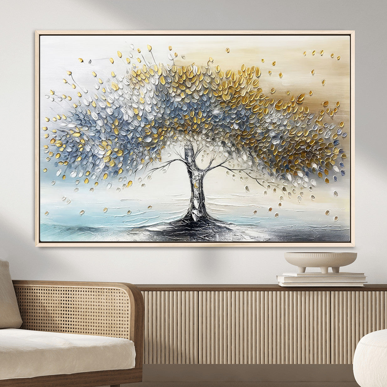 MGV-FC-36X24 - Golden & Silver Tree of Life Wall Art – Canvas Print with Whimsical Leaves Elegant Nature Design, Decorative Home, Office or Guest Room Decor