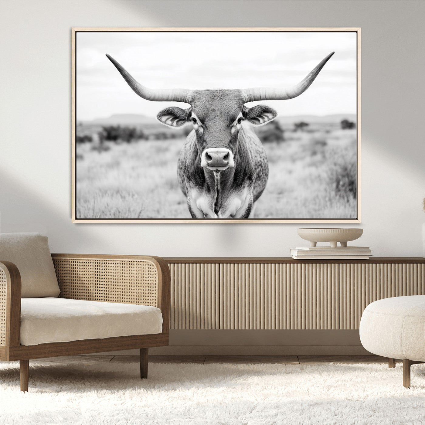 MGV-FC-36X24 - Highland Cow Wall Art Print - Black and White Texas Western Longhorn Canvas - Farmhouse Decor Print