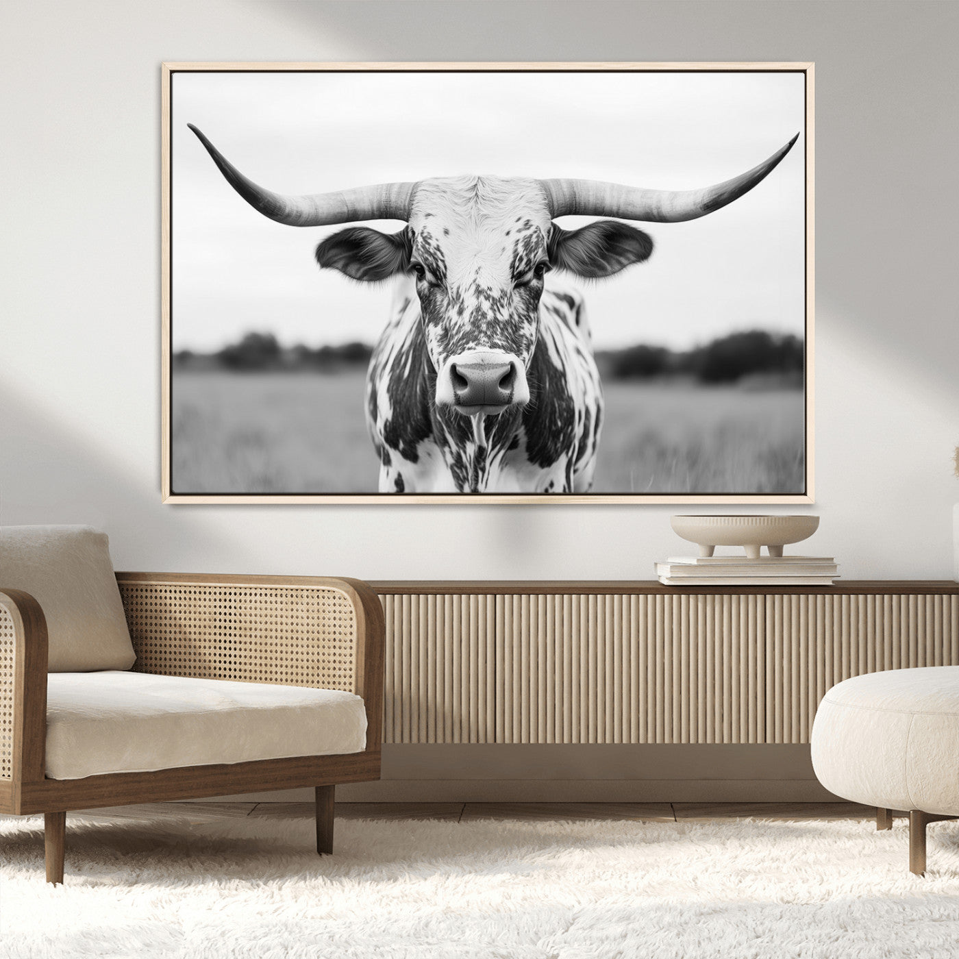 MGV-FC-36X24 - Highland Cow Wall Art - Black and White Western Longhorn Canvas Print - Farmhouse Living Room Decor
