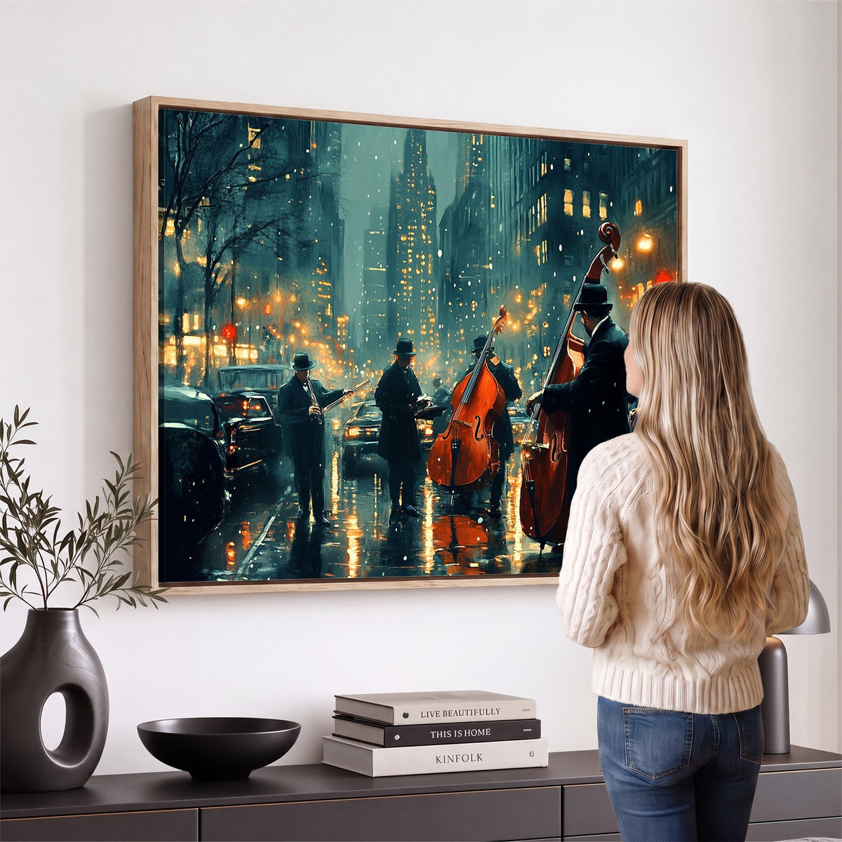 53391-MGV-CV-24X16 - Urban Night Jazz Wall Art Canvas Print | Moody Rain Soaked City Street Band Scene