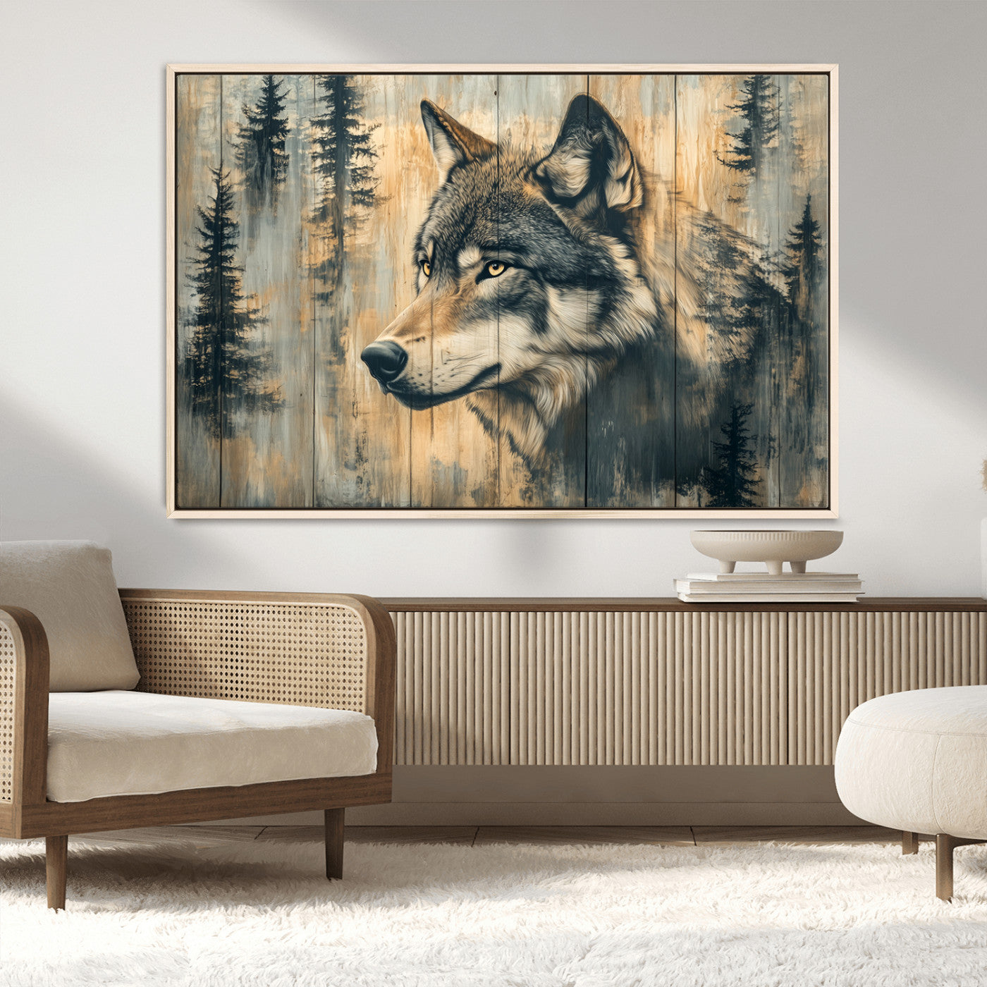 MGV-FC-36X24 - Wood Style Rustic Wolf Wall Art Canvas Print, Vintage Woodland Wolf Wall Art, Framed Wood Style Wolf
