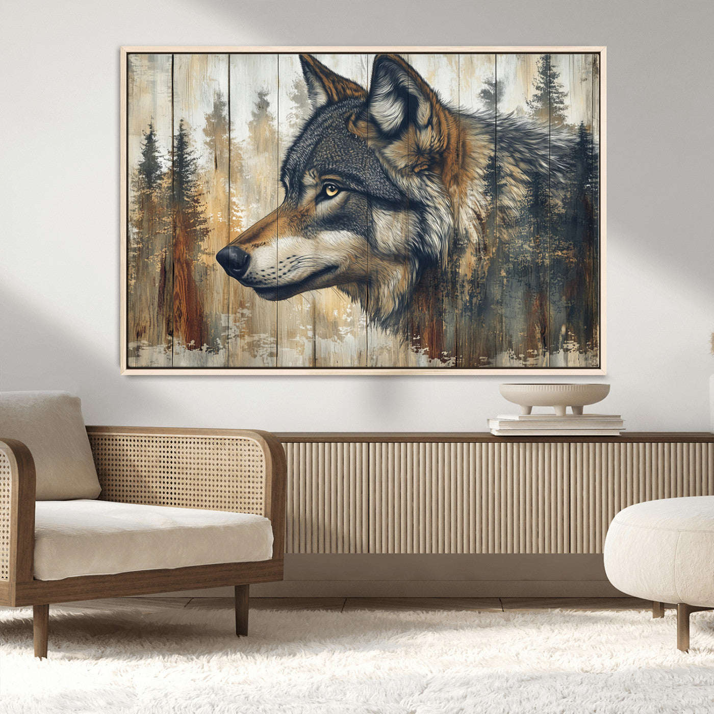 MGV-FC-36X24 - Rustic Wolf Wall Art Canvas Print, Vintage Woodland Wolf Wall Art